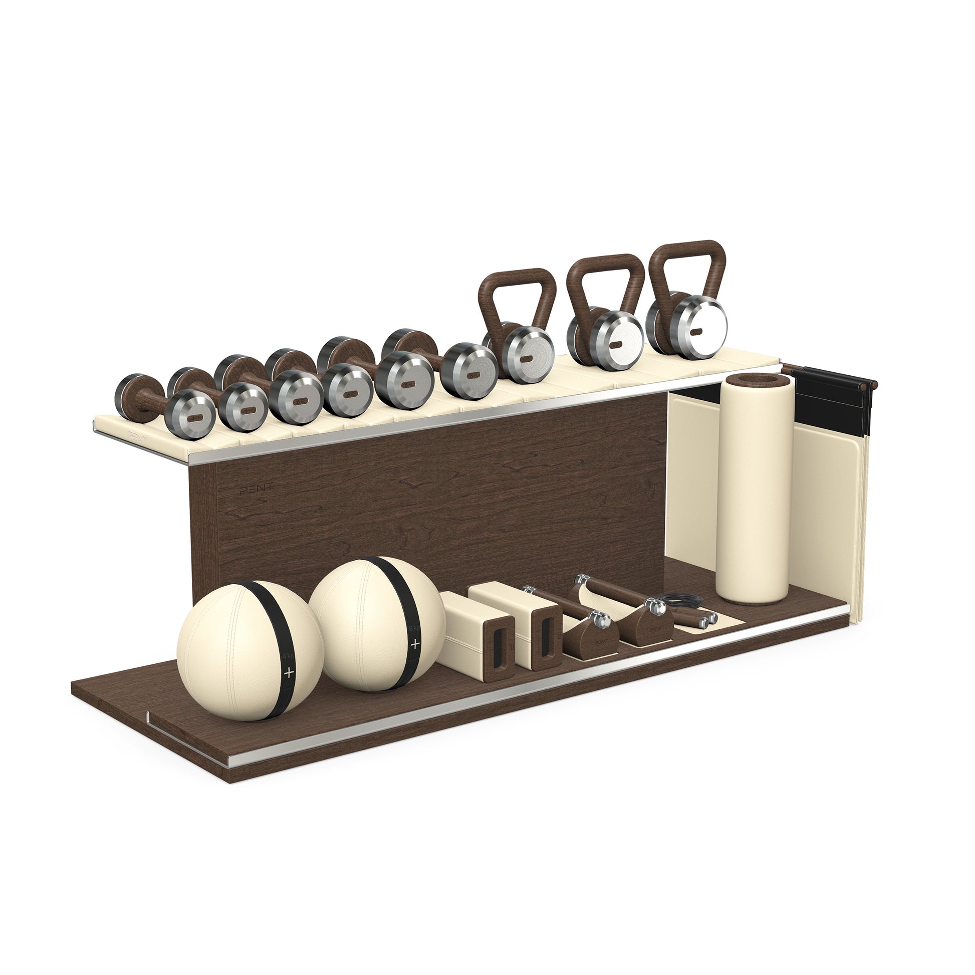 PENT. ANA: Skipping rope, push up bars, fitness mat, dumbbells, kettlebells, stretching roller, yoga blocks and leather medicine balls. Handcrafted with stainless steel, premium Italian beige base leather, black accent leather and dark walnut wood.