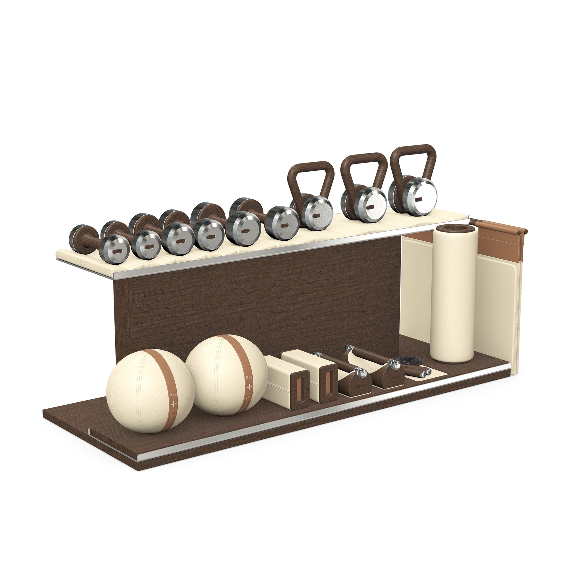 PENT. ANA: Skipping rope, push up bars, fitness mat, dumbbells, kettlebells, stretching roller, yoga blocks and leather medicine balls. Handcrafted with stainless steel, premium Italian beige base leather, brown accent leather and dark walnut wood.