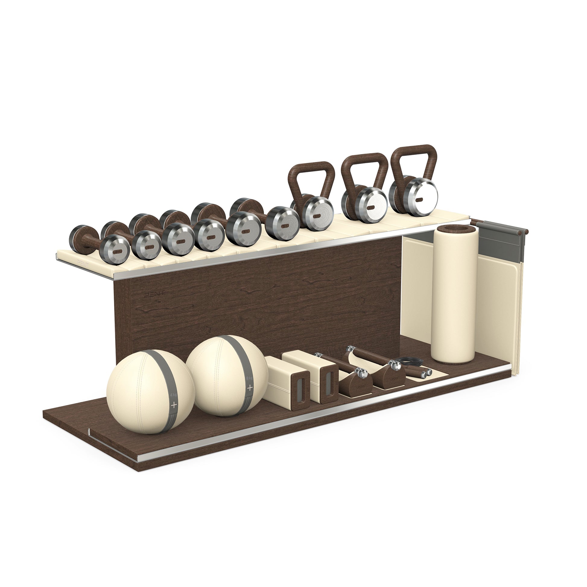 PENT. ANA: Skipping rope, push up bars, fitness mat, dumbbells, kettlebells, stretching roller, yoga blocks and leather medicine balls. Handcrafted with stainless steel, premium Italian beige base leather, grey accent leather and dark walnut wood.