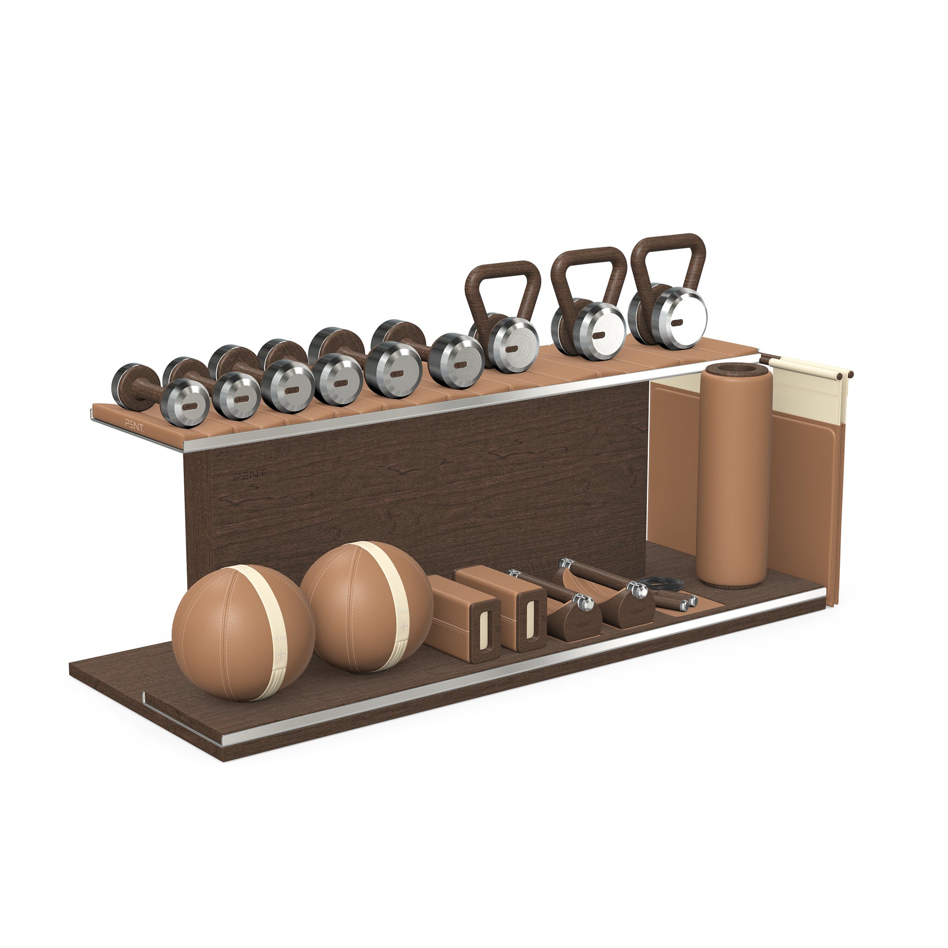 PENT. ANA: Skipping rope, push up bars, fitness mat, dumbbells, kettlebells, stretching roller, yoga blocks and leather medicine balls. Handcrafted with stainless steel, premium Italian brown base leather, beige accent leather and dark walnut wood.