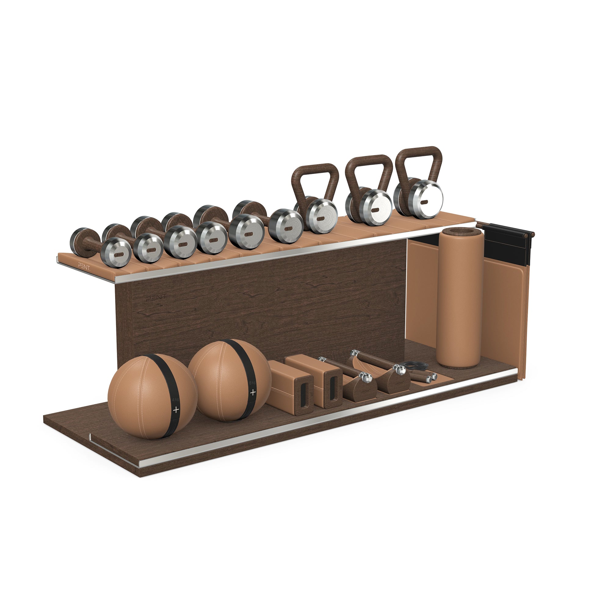 PENT. ANA: Skipping rope, push up bars, fitness mat, dumbbells, kettlebells, stretching roller, yoga blocks and leather medicine balls. Handcrafted with stainless steel, premium Italian brown base leather, black accent leather and dark walnut wood.