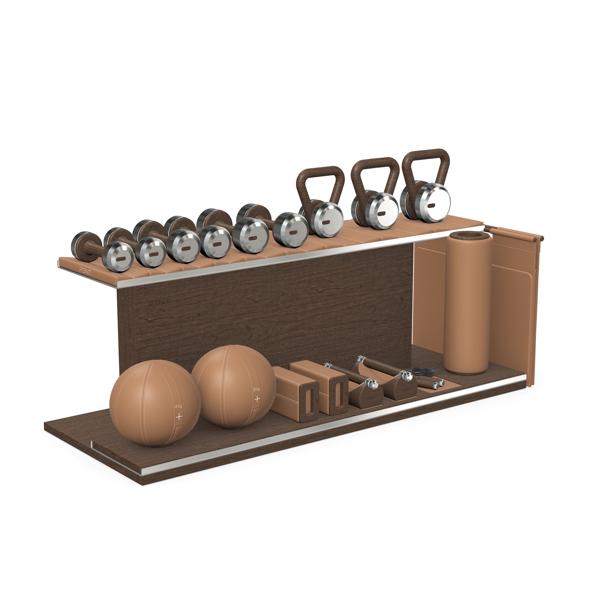 PENT. ANA: Skipping rope, push up bars, fitness mat, dumbbells, kettlebells, stretching roller, yoga blocks and leather medicine balls. Handcrafted with stainless steel, premium Italian brown base leather, brown accent leather and dark walnut wood.