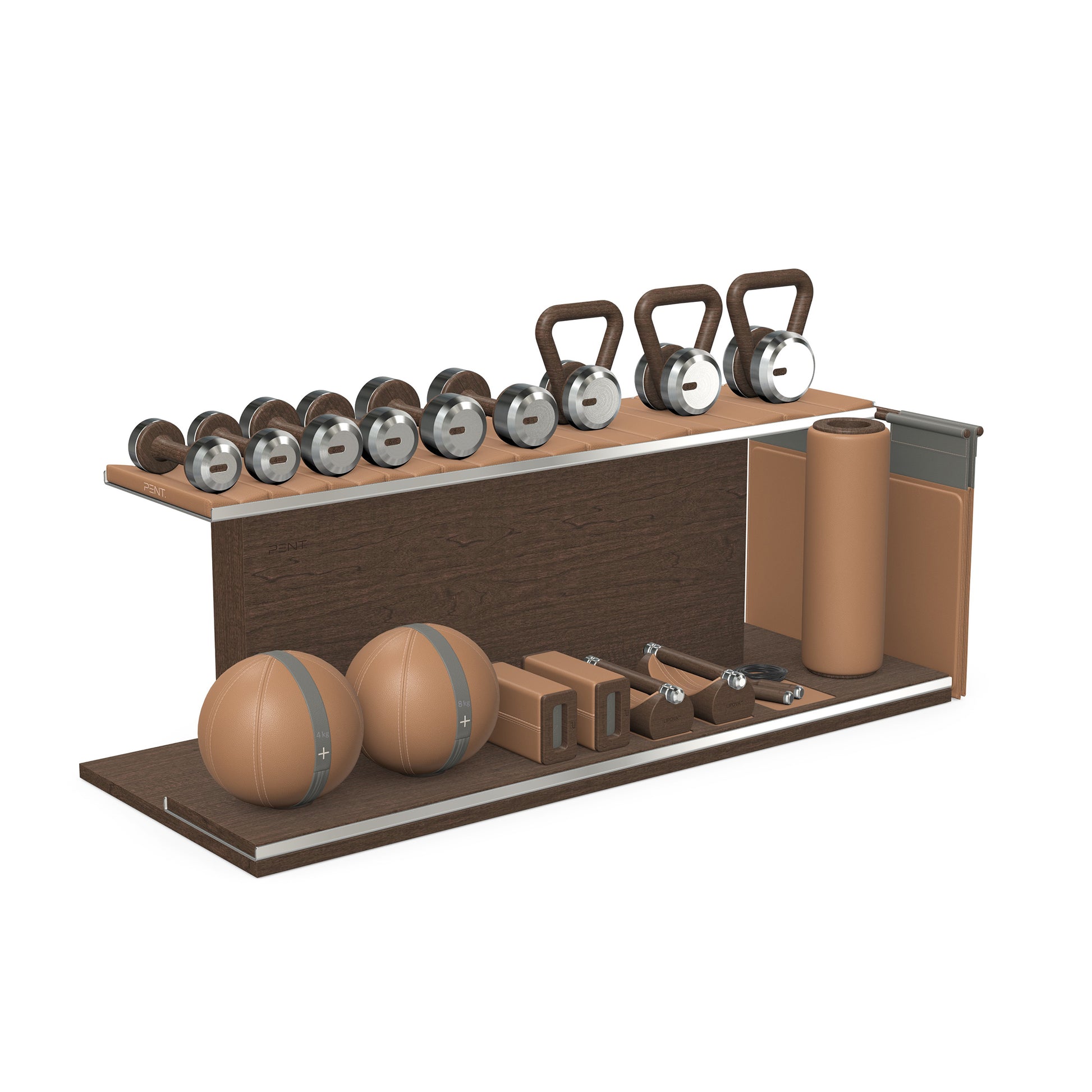 PENT. ANA: Skipping rope, push up bars, fitness mat, dumbbells, kettlebells, stretching roller, yoga blocks and leather medicine balls. Handcrafted with stainless steel, premium Italian brown base leather, grey accent leather and dark walnut wood.