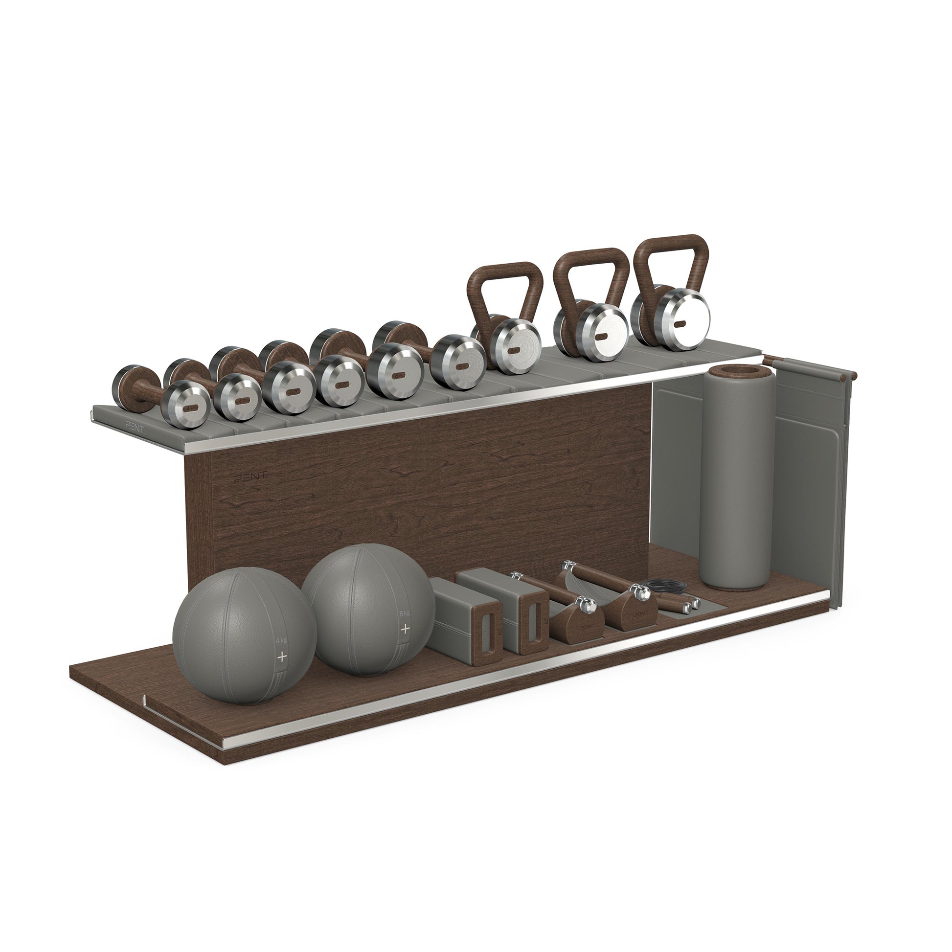 PENT. ANA: Skipping rope, push up bars, fitness mat, dumbbells, kettlebells, stretching roller, yoga blocks and leather medicine balls. Handcrafted with stainless steel, premium Italian grey base leather, grey accent leather and dark walnut wood.