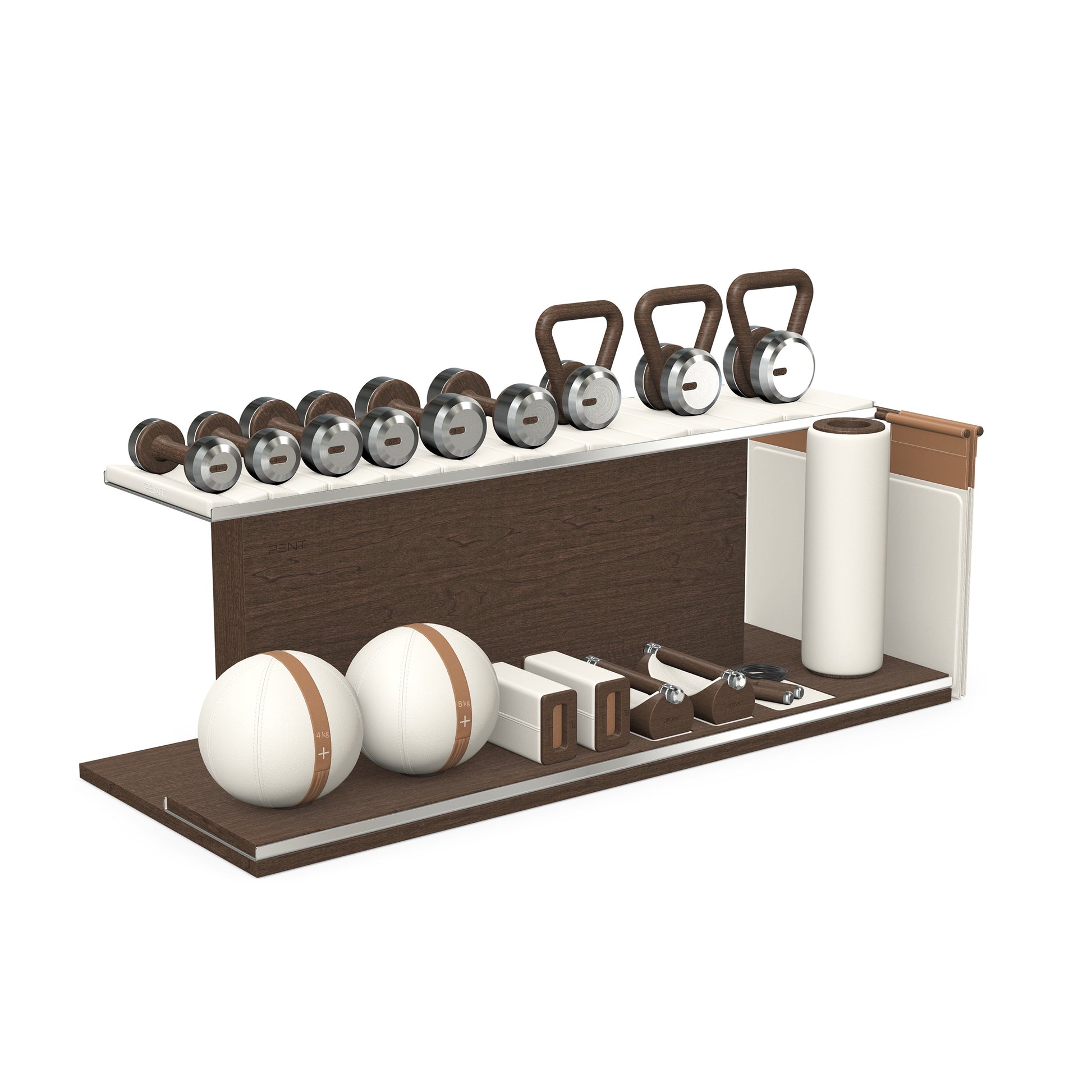 PENT. ANA: Skipping rope, push up bars, fitness mat, dumbbells, kettlebells, stretching roller, yoga blocks and leather medicine balls. Handcrafted with stainless steel, premium Italian white base leather, brown accent leather and dark walnut wood.