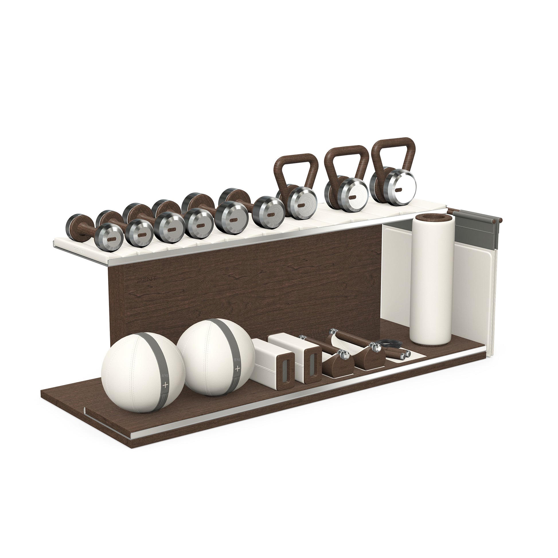 PENT. ANA: Skipping rope, push up bars, fitness mat, dumbbells, kettlebells, stretching roller, yoga blocks and leather medicine balls. Handcrafted with stainless steel, premium Italian white base leather, grey accent leather and dark walnut wood.