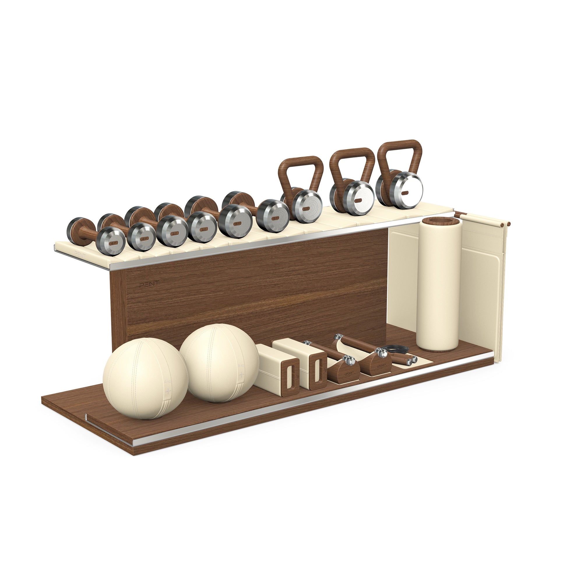 PENT. ANA: Skipping rope, push up bars, fitness mat, dumbbells, kettlebells, stretching roller, yoga blocks and leather medicine balls. Handcrafted with stainless steel, premium Italian beige base leather, beige accent leather and natural walnut wood.