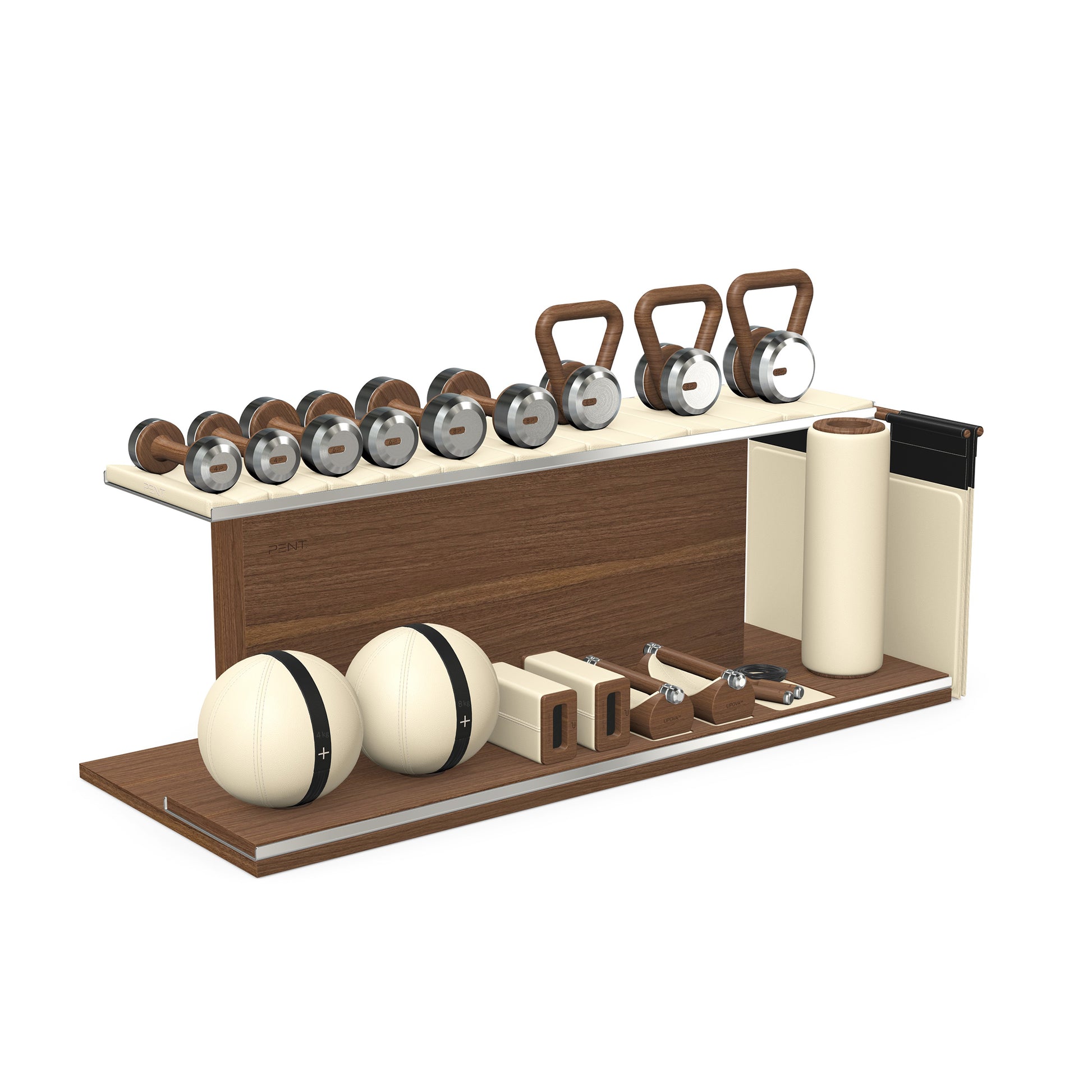 PENT. ANA: Skipping rope, push up bars, fitness mat, dumbbells, kettlebells, stretching roller, yoga blocks and leather medicine balls. Handcrafted with stainless steel, premium Italian beige base leather, black accent leather and natural walnut wood.