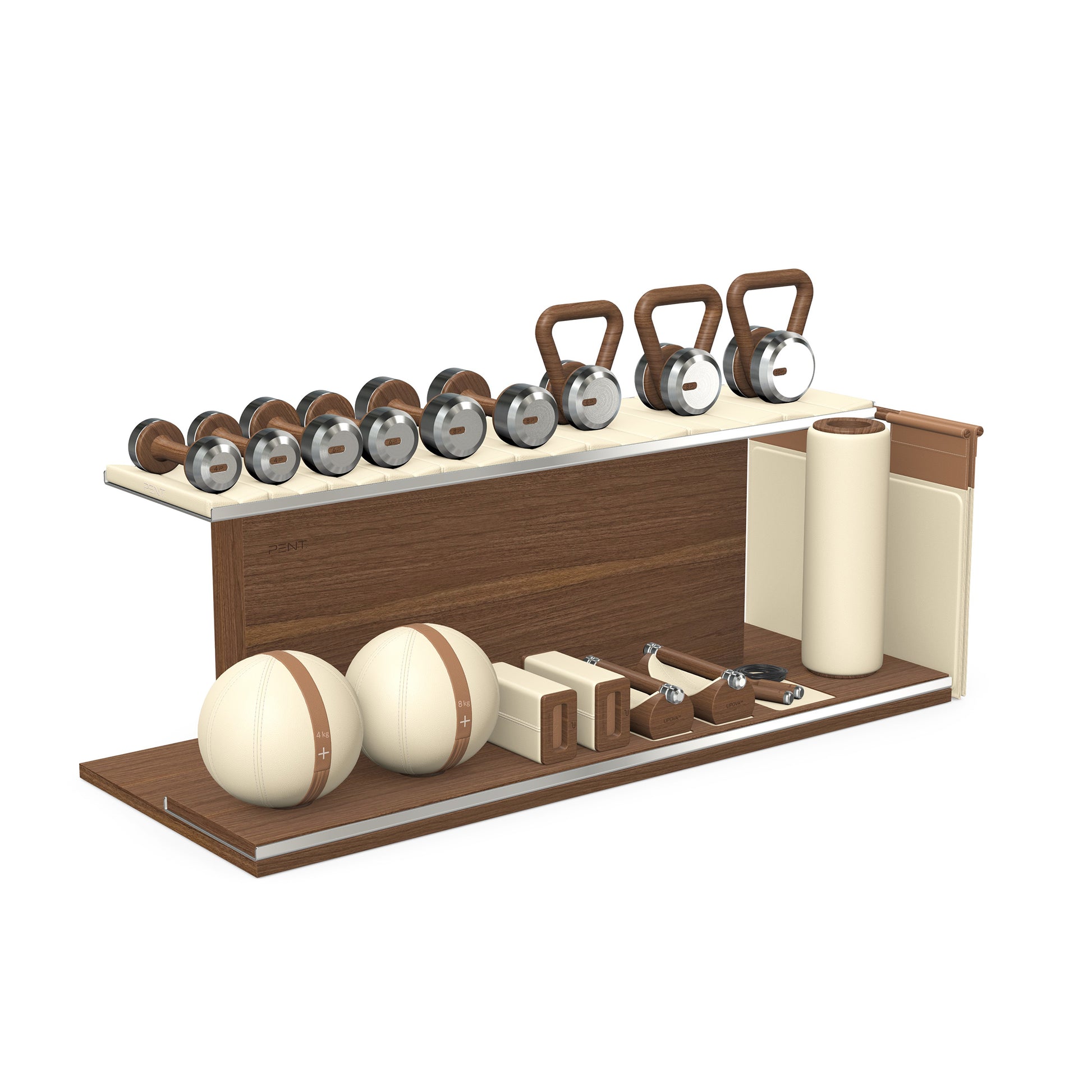 PENT. ANA: Skipping rope, push up bars, fitness mat, dumbbells, kettlebells, stretching roller, yoga blocks and leather medicine balls. Handcrafted with stainless steel, premium Italian beige base leather, brown accent leather and natural walnut wood.