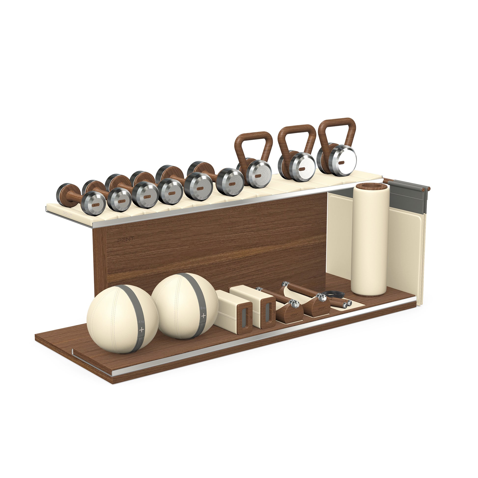 PENT. ANA: Skipping rope, push up bars, fitness mat, dumbbells, kettlebells, stretching roller, yoga blocks and leather medicine balls. Handcrafted with stainless steel, premium Italian beige base leather, grey accent leather and natural walnut wood.