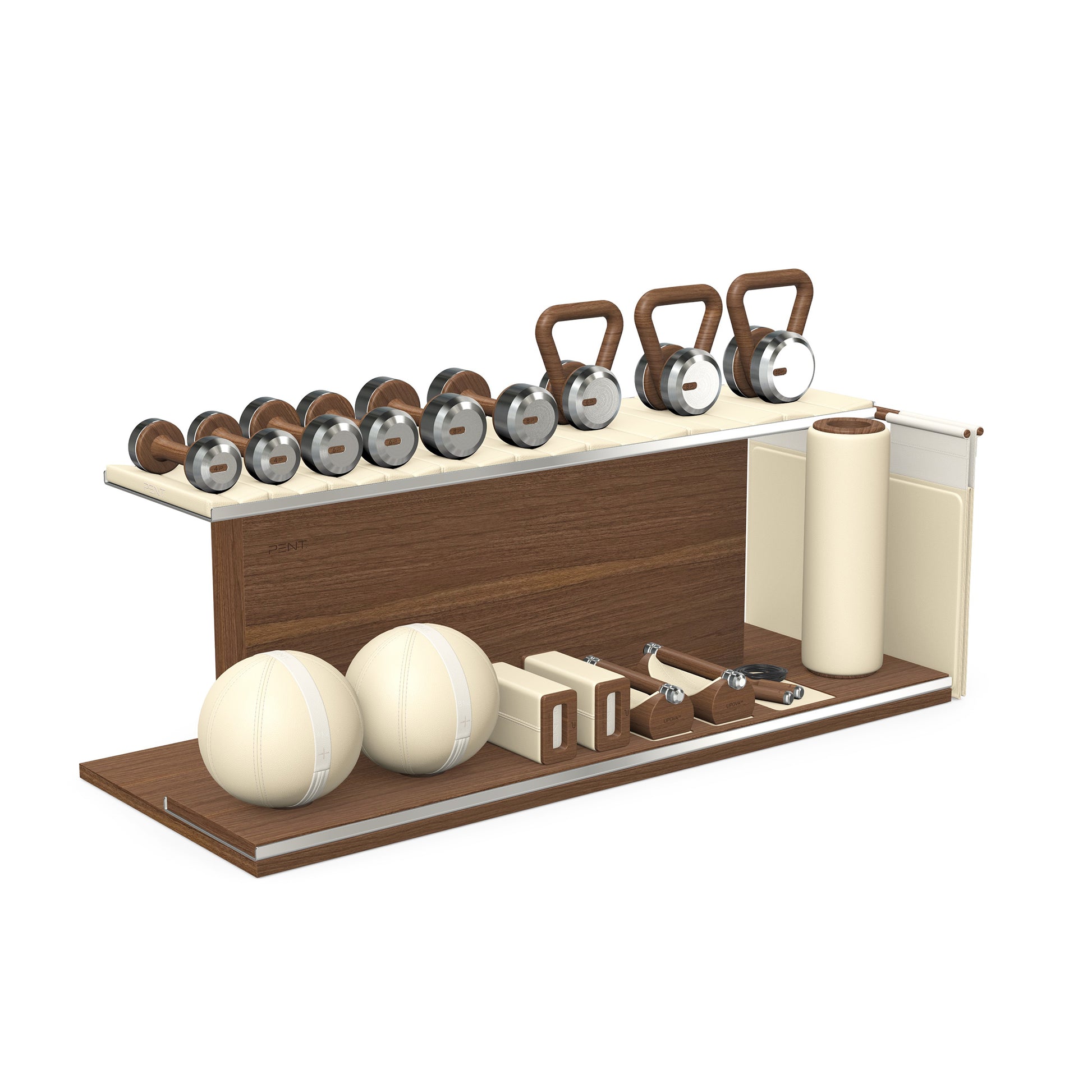 PENT. ANA: Skipping rope, push up bars, fitness mat, dumbbells, kettlebells, stretching roller, yoga blocks and leather medicine balls. Handcrafted with stainless steel, premium Italian beige base leather, white accent leather and natural walnut wood.