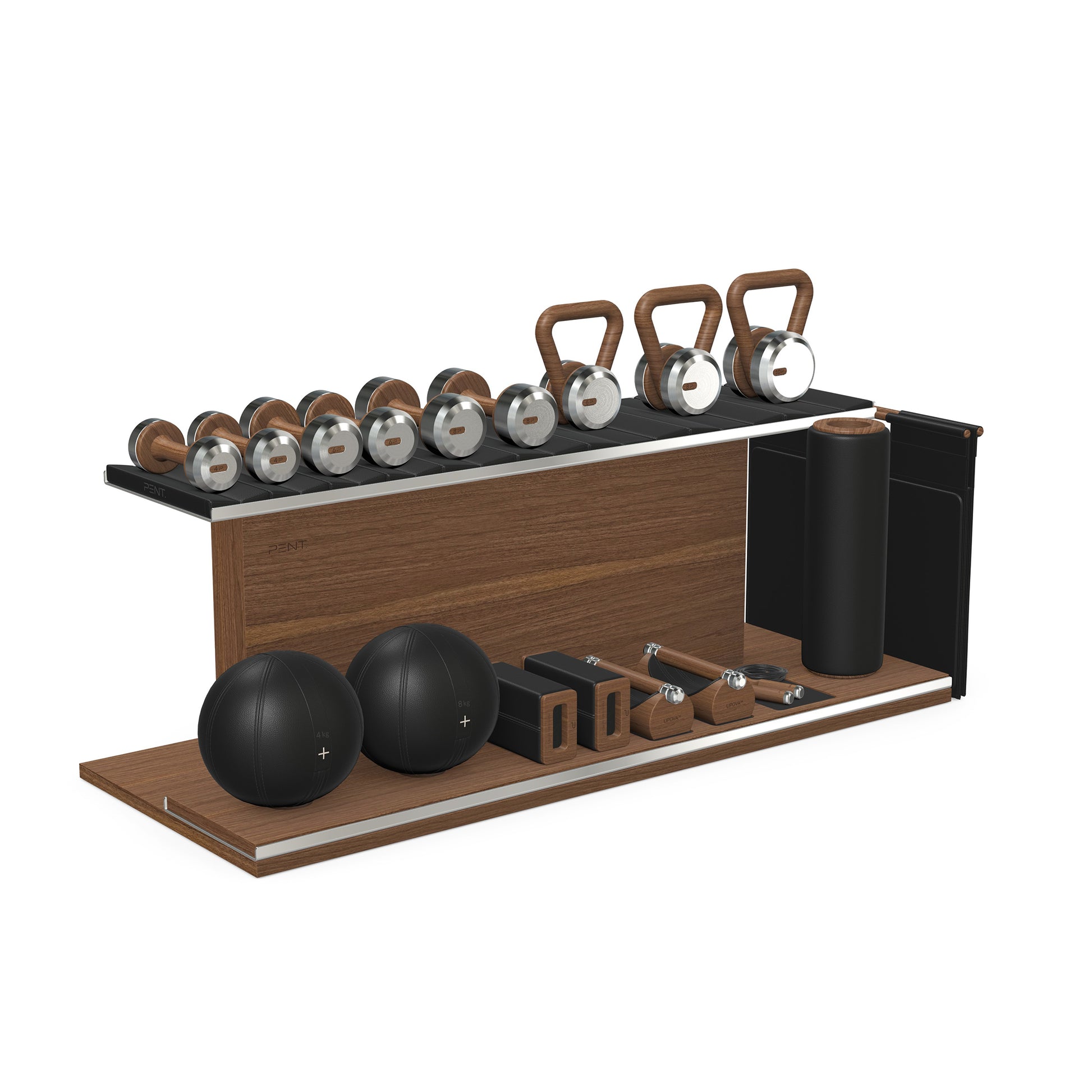 PENT. ANA: Skipping rope, push up bars, fitness mat, dumbbells, kettlebells, stretching roller, yoga blocks and leather medicine balls. Handcrafted with stainless steel, premium Italian black base leather, black accent leather and natural walnut wood.