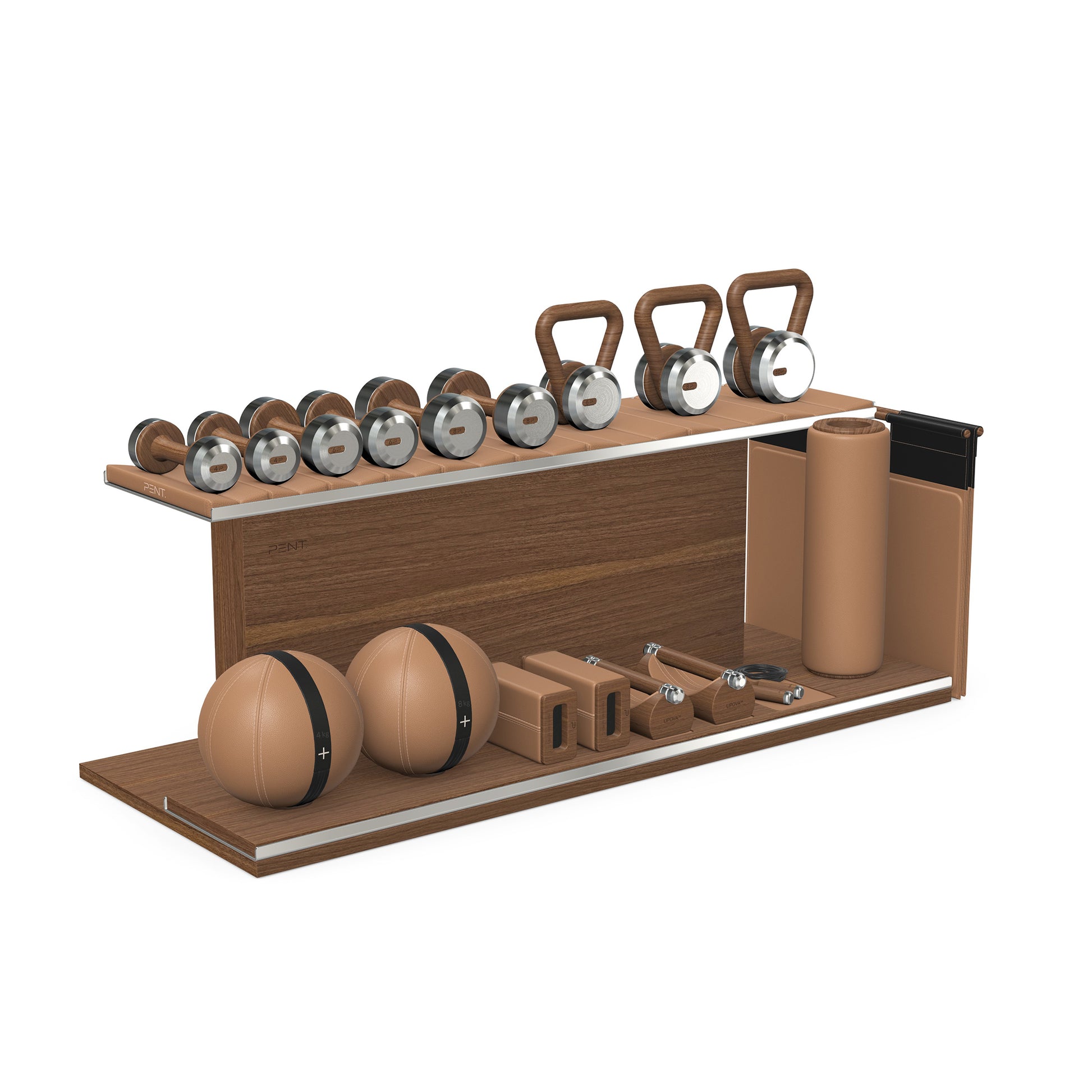 PENT. ANA: Skipping rope, push up bars, fitness mat, dumbbells, kettlebells, stretching roller, yoga blocks and leather medicine balls. Handcrafted with stainless steel, premium Italian brown base leather, black accent leather and natural walnut wood.