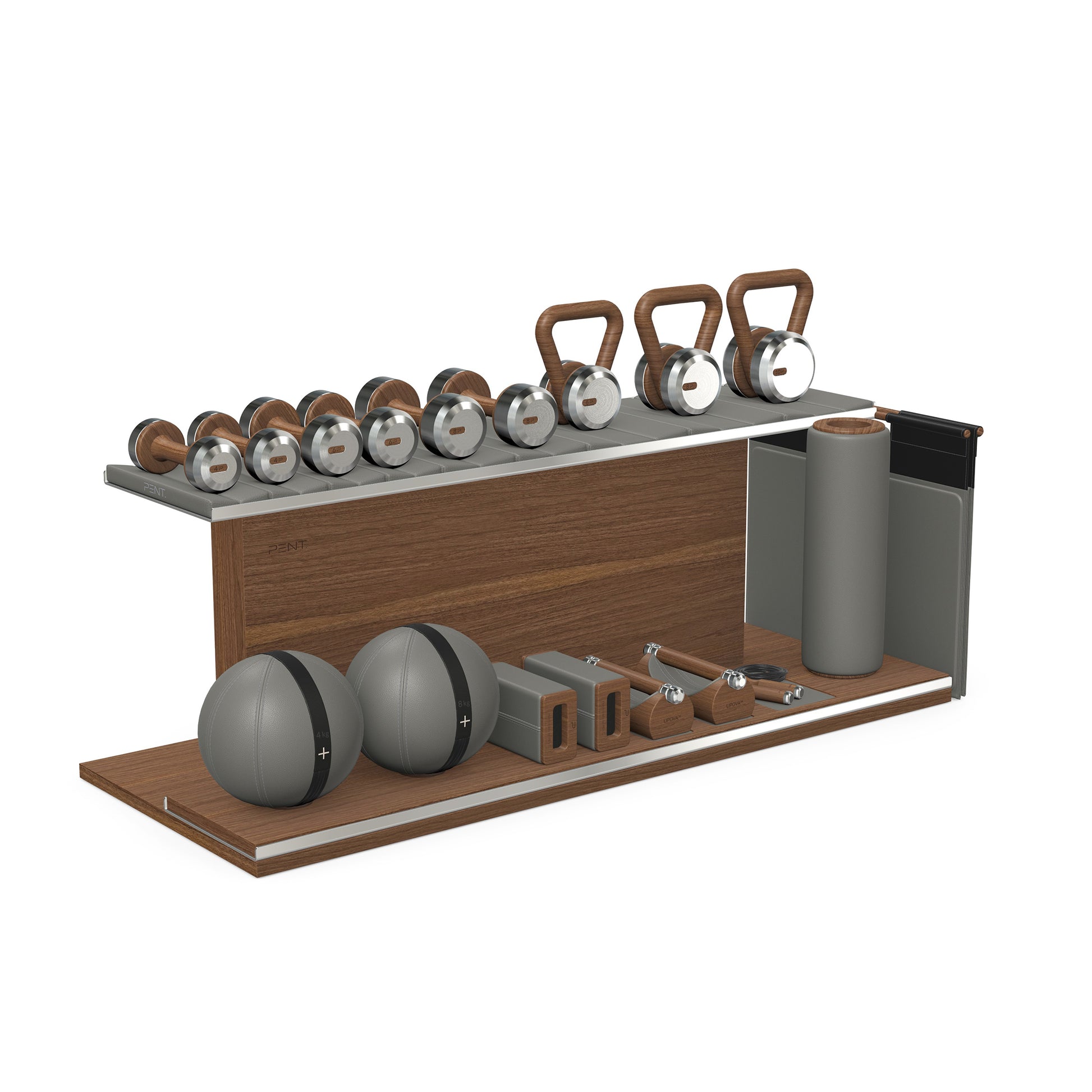 PENT. ANA: Skipping rope, push up bars, fitness mat, dumbbells, kettlebells, stretching roller, yoga blocks and leather medicine balls. Handcrafted with stainless steel, premium Italian grey base leather, black accent leather and natural walnut wood.