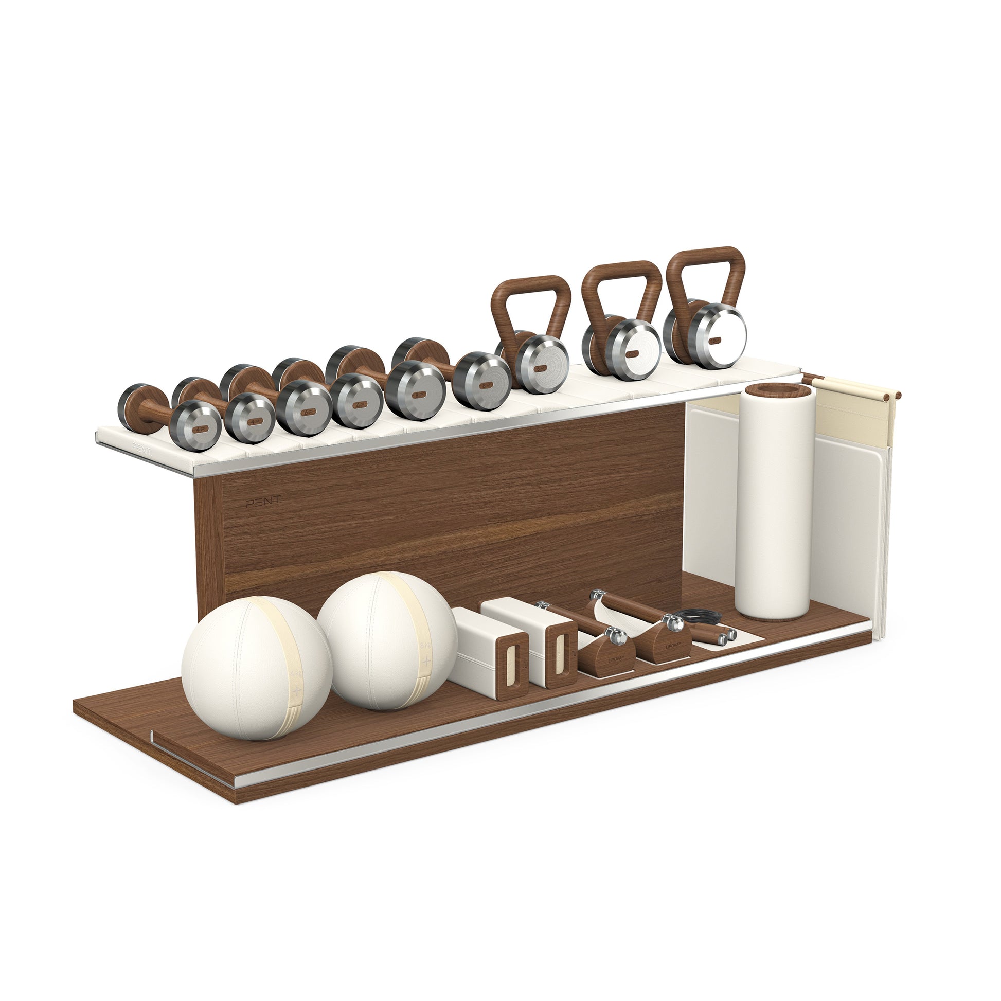 PENT. ANA: Skipping rope, push up bars, fitness mat, dumbbells, kettlebells, stretching roller, yoga blocks and leather medicine balls. Handcrafted with stainless steel, premium Italian white base leather, beige accent leather and natural walnut wood.