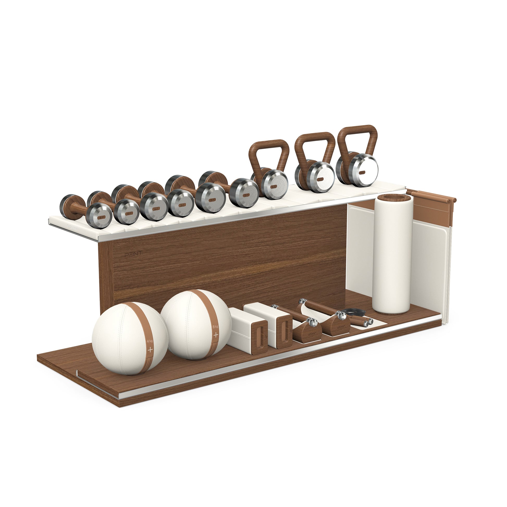 PENT. ANA: Skipping rope, push up bars, fitness mat, dumbbells, kettlebells, stretching roller, yoga blocks and leather medicine balls. Handcrafted with stainless steel, premium Italian white base leather, brown accent leather and natural walnut wood.