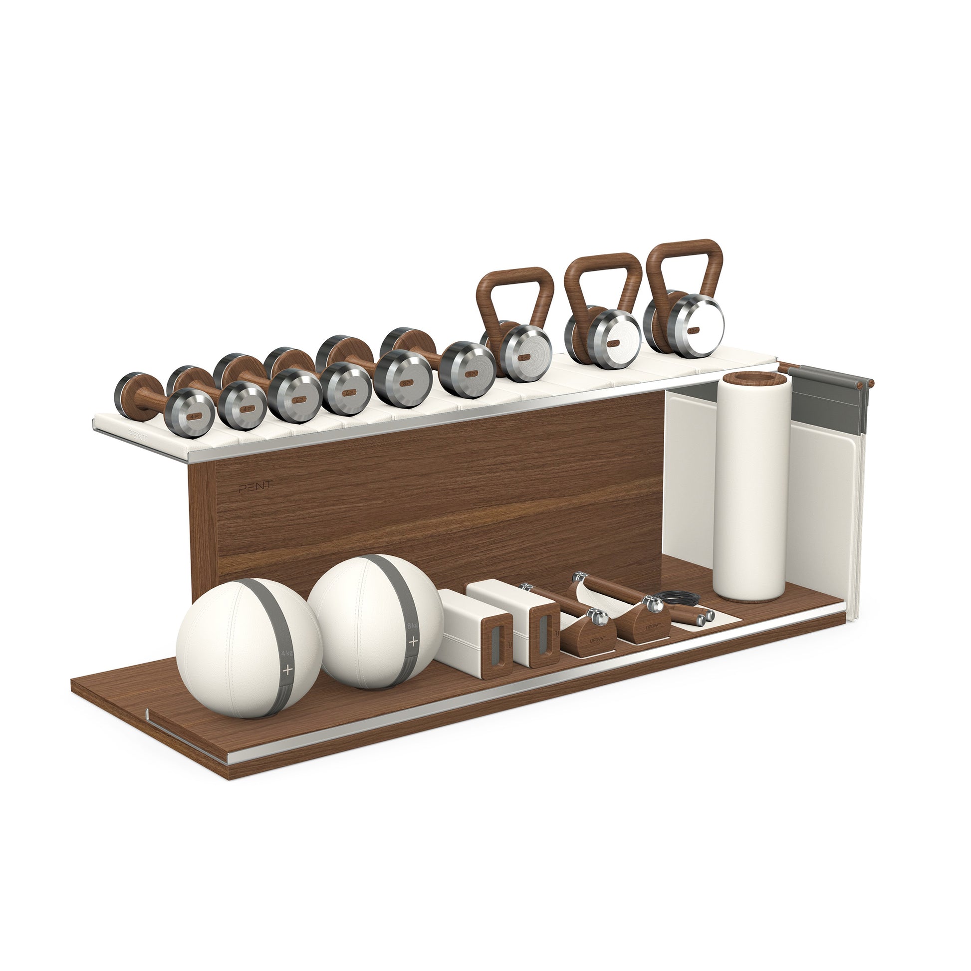 PENT. ANA: Skipping rope, push up bars, fitness mat, dumbbells, kettlebells, stretching roller, yoga blocks and leather medicine balls. Handcrafted with stainless steel, premium Italian white base leather, grey accent leather and natural walnut wood.