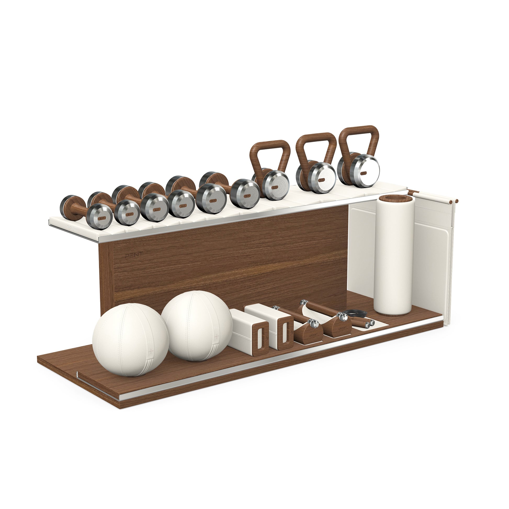 PENT. ANA: Skipping rope, push up bars, fitness mat, dumbbells, kettlebells, stretching roller, yoga blocks and leather medicine balls. Handcrafted with stainless steel, premium Italian white base leather, white accent leather and natural walnut wood.