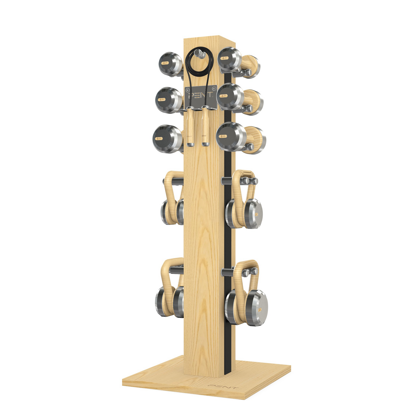 Dumbbells, kettlebells and skipping rope on a vertical ash wooden stand with black leather, luxury fitness equipment.