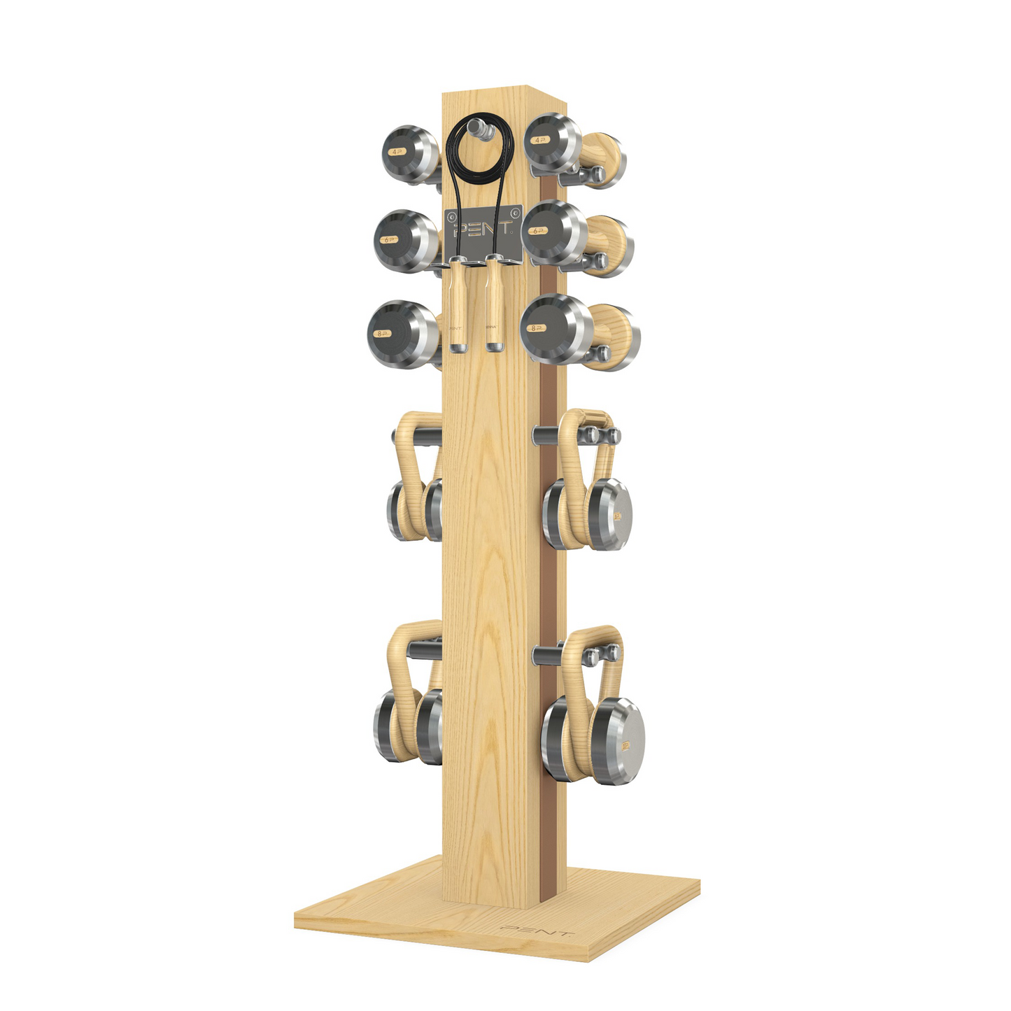 Dumbbells, kettlebells and skipping rope on a vertical ash wooden stand with brown leather, luxury fitness equipment.