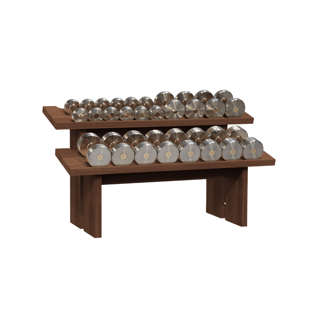 Luxury dumbbell rack combining solid wood, stainless steel details, and gold-plated brass.