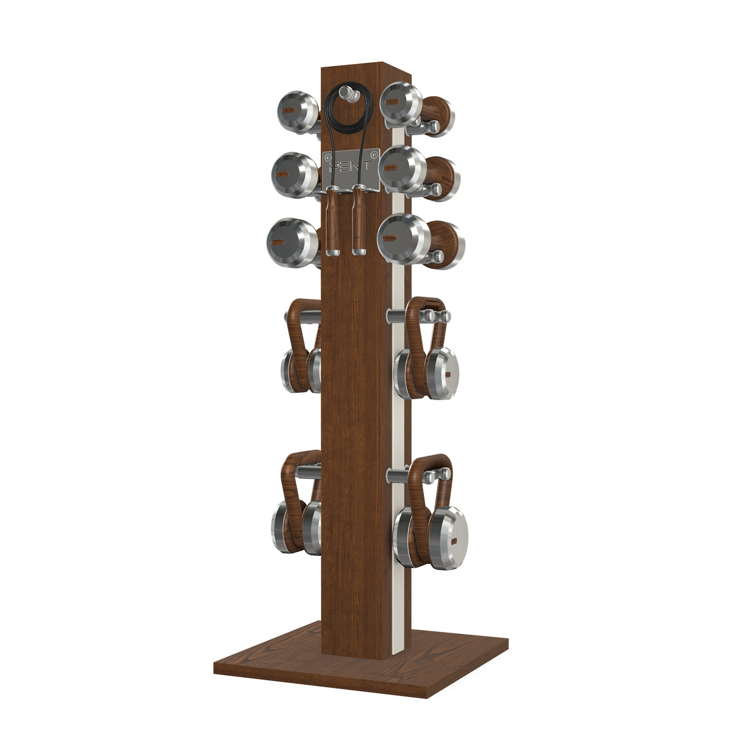 Dumbbells, kettlebells and skipping rope on a vertical ash walnut wooden stand with white leather, luxury fitness equipment.
