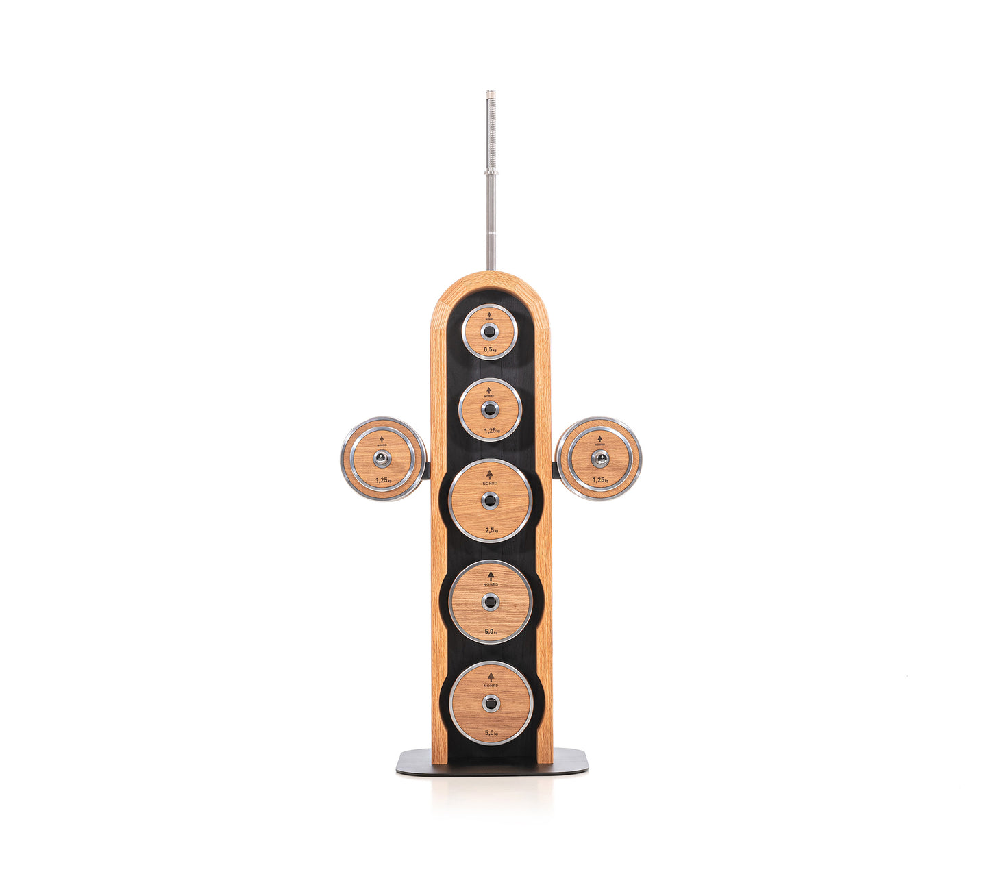 Luxury wooden & stainless steel weight plate set with barbell and dumbbell plates on a sleek vertical ash wooden rack. Premium gym equipment for strength training. NOHRD Weight Plates - Barbell & Dumbbells Tower