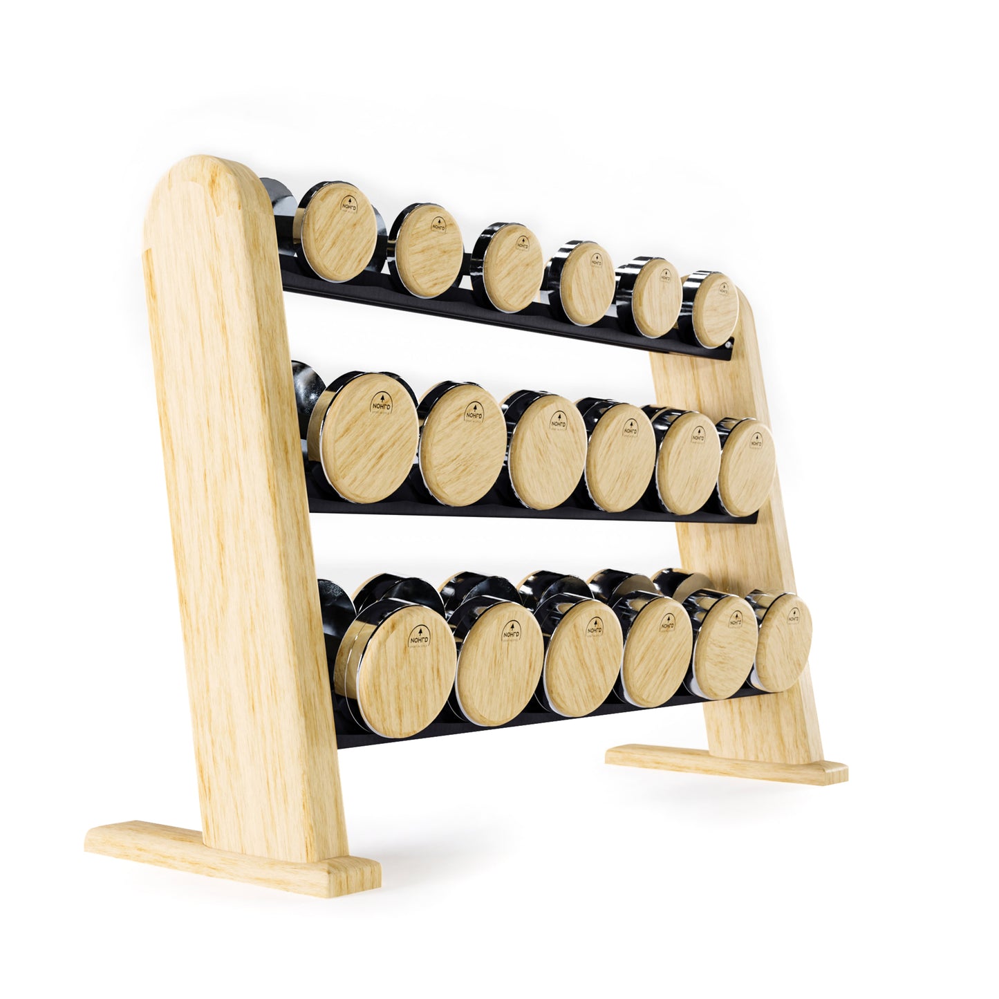 A premium ash wooden rack displaying dumbbell made with wood and stainless steel, organized neatly on multiple shelves for easy access. NOHRD DumbBells Set