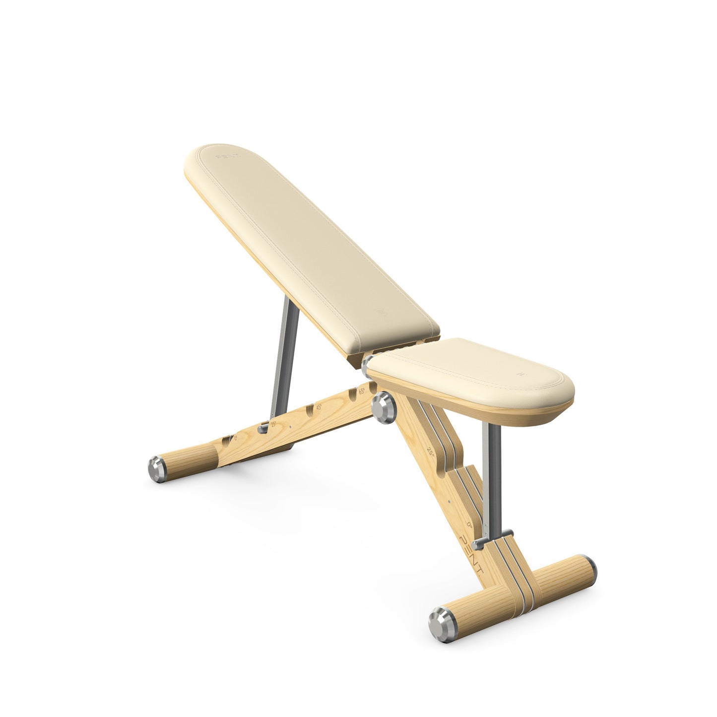 Luxury home gym equipment, adjustable exercise bench handcrafted with stainless steel, premium Italian beige leather and natural ash wood. PENT. BANKA - Luxury Exercise Bench