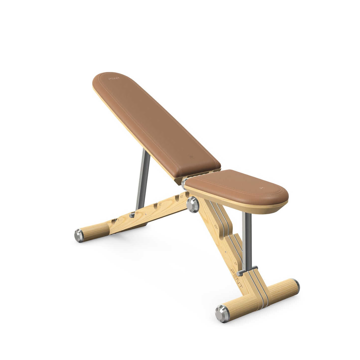 Luxury home gym equipment, adjustable exercise bench handcrafted with stainless steel, premium Italian brown leather and natural ash wood. PENT. BANKA - Luxury Exercise Bench