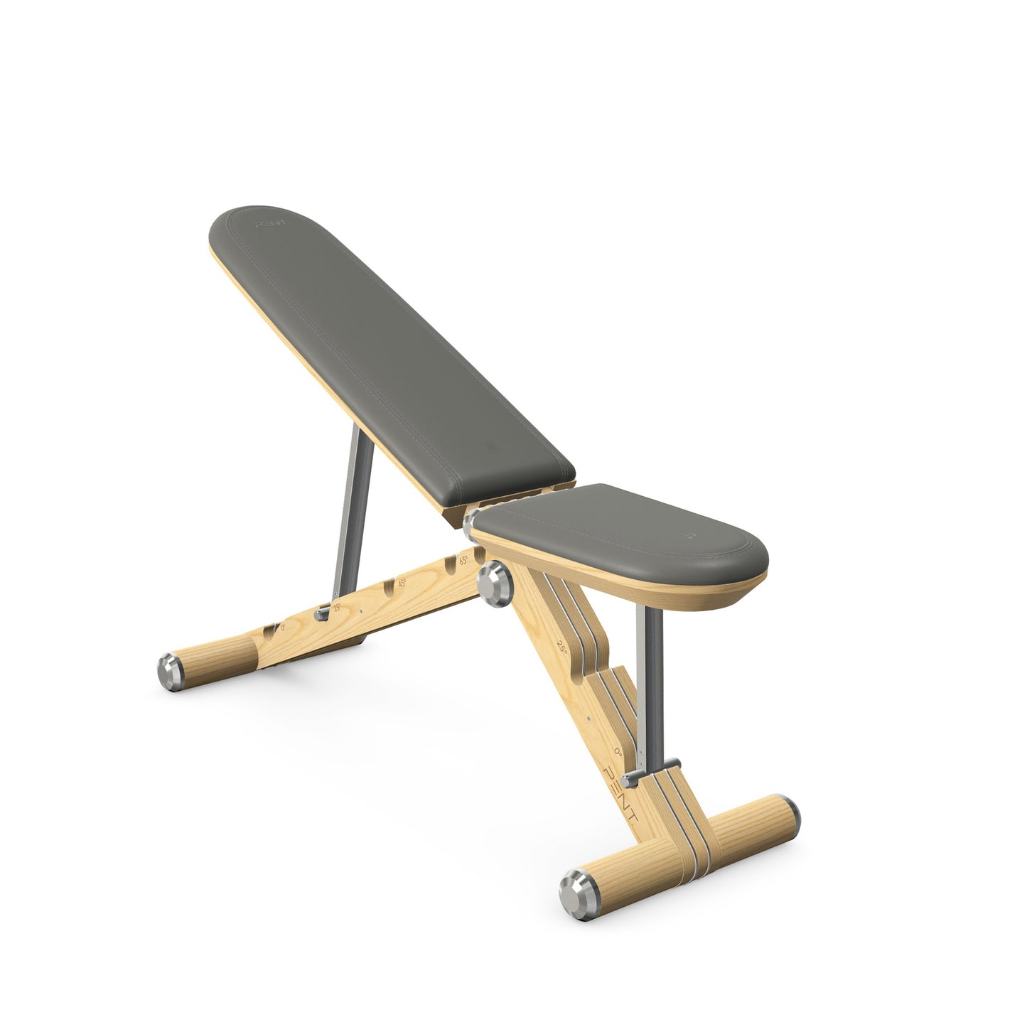 Luxury home gym equipment, adjustable exercise bench handcrafted with stainless steel, premium Italian grey leather and natural ash wood. PENT. BANKA - Luxury Exercise Bench