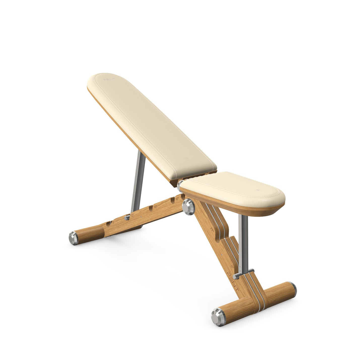 Luxury home gym equipment, adjustable exercise bench handcrafted with stainless steel, premium Italian beige leather and natural oak wood. PENT. BANKA - Luxury Exercise Bench