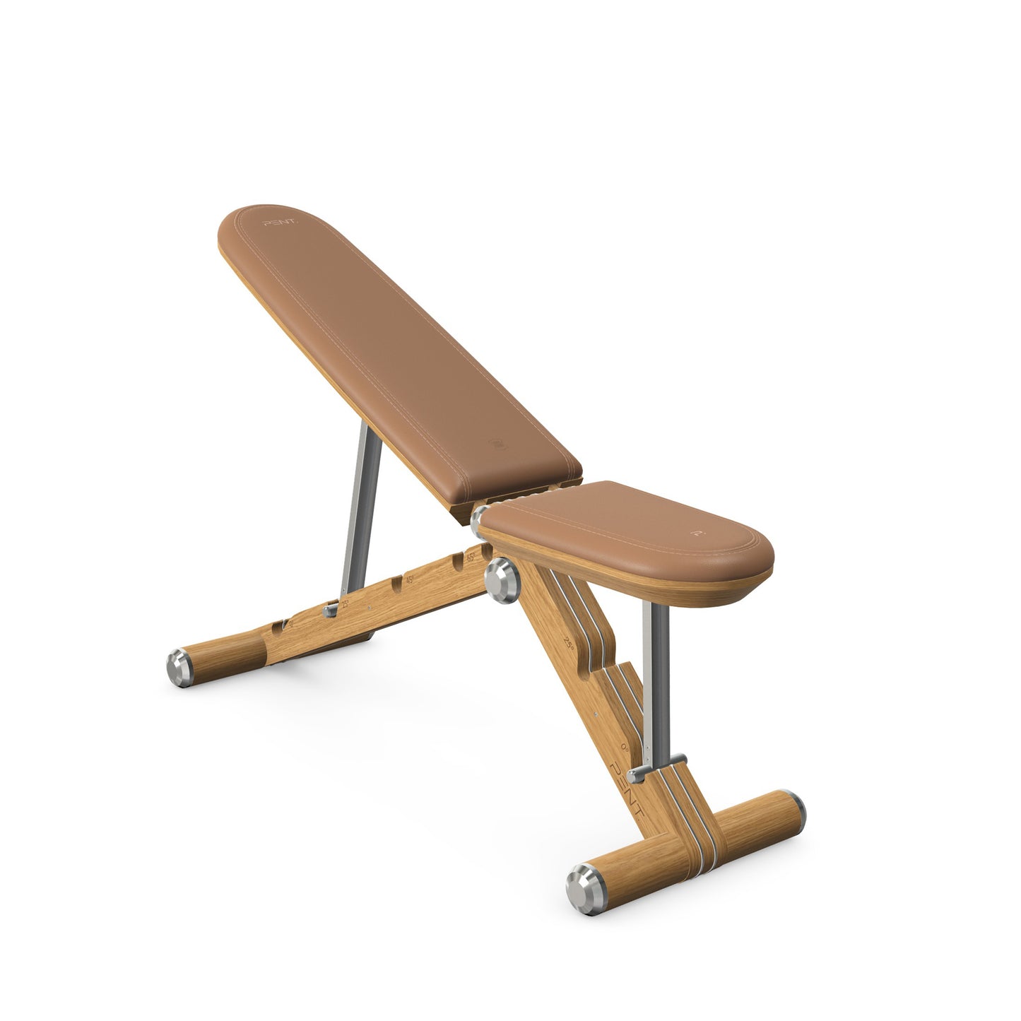 Luxury home gym equipment, adjustable exercise bench handcrafted with stainless steel, premium Italian brown leather and natural oak wood. PENT. BANKA - Luxury Exercise Bench