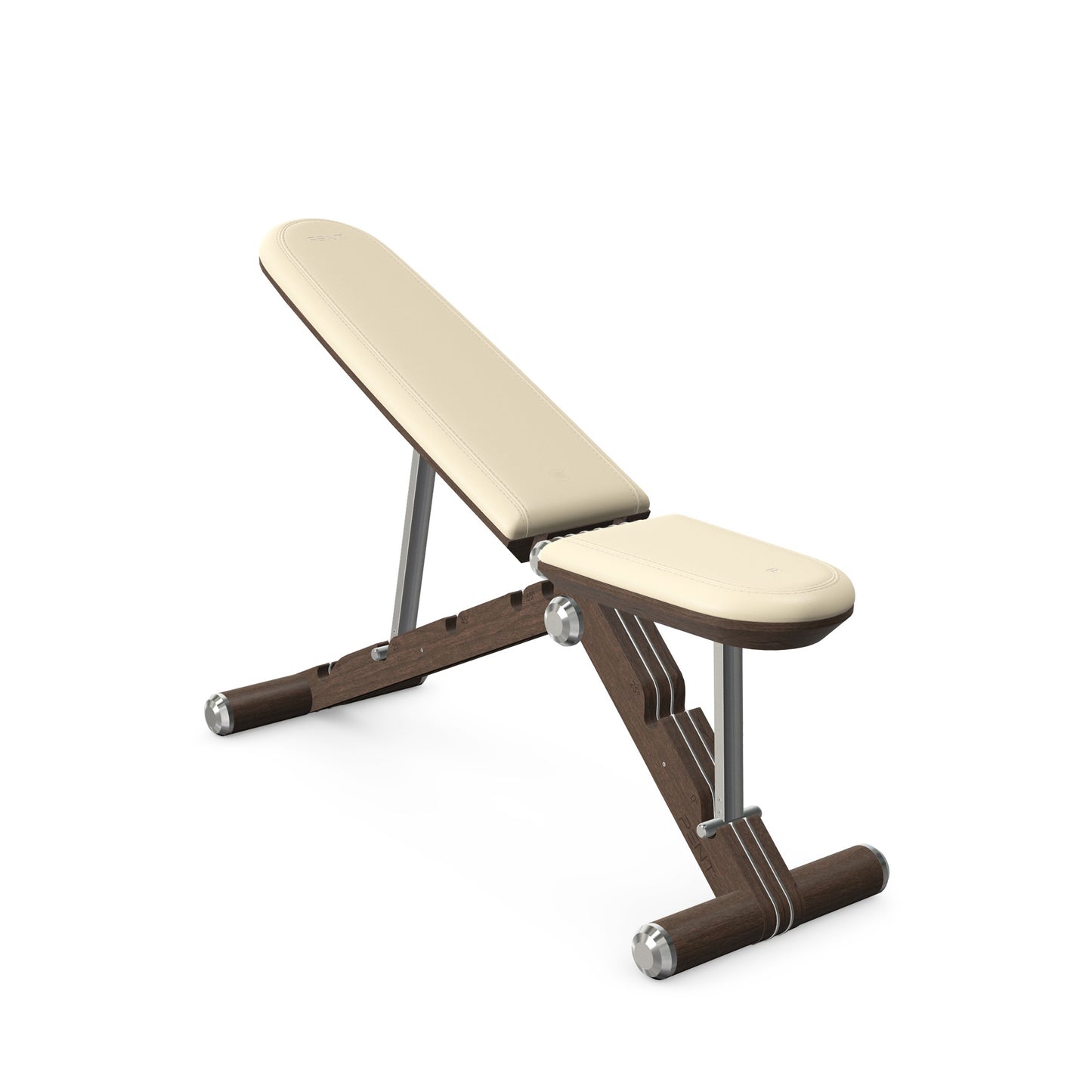 Luxury home gym equipment, adjustable exercise bench handcrafted with stainless steel, premium Italian beige leather and dark walnut wood. PENT. BANKA - Luxury Exercise Bench