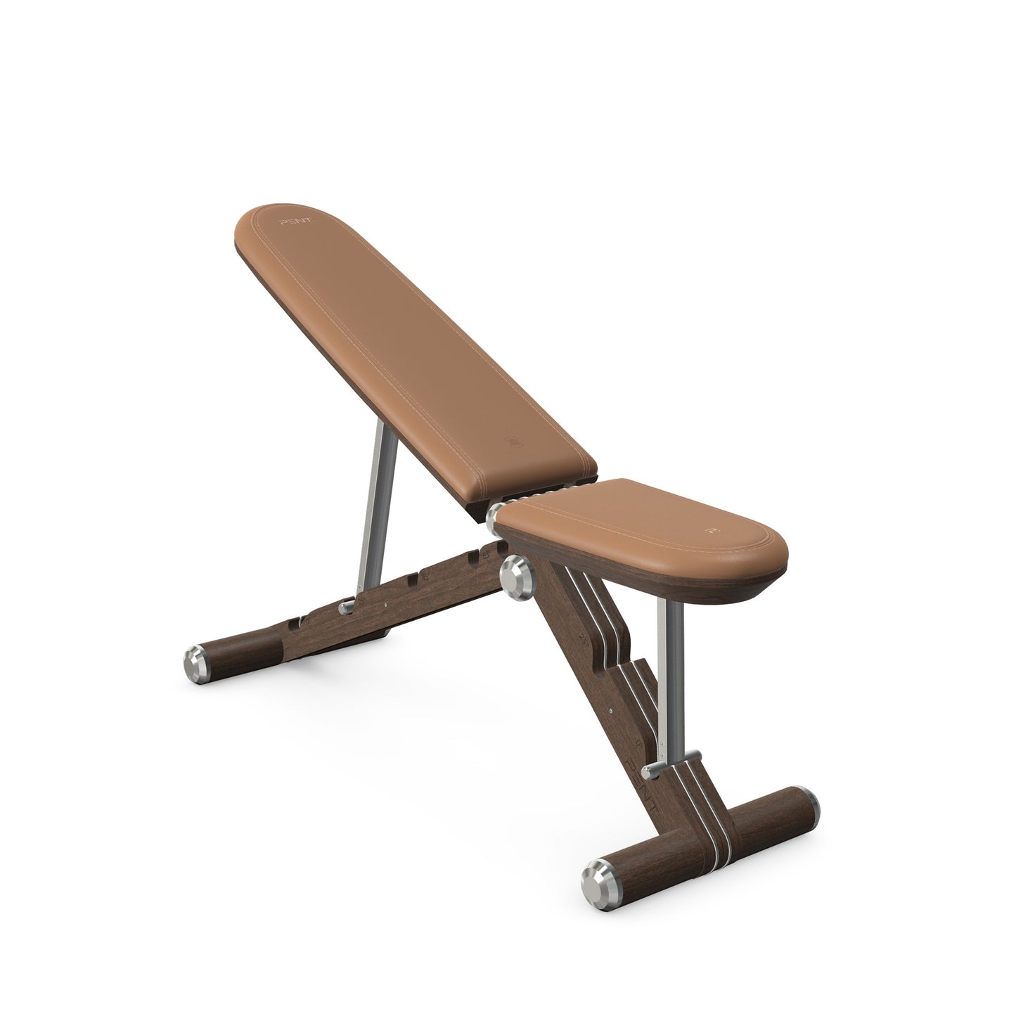 Luxury home gym equipment, adjustable exercise bench handcrafted with stainless steel, premium Italian brown leather and dark walnut wood. PENT. BANKA - Luxury Exercise Bench