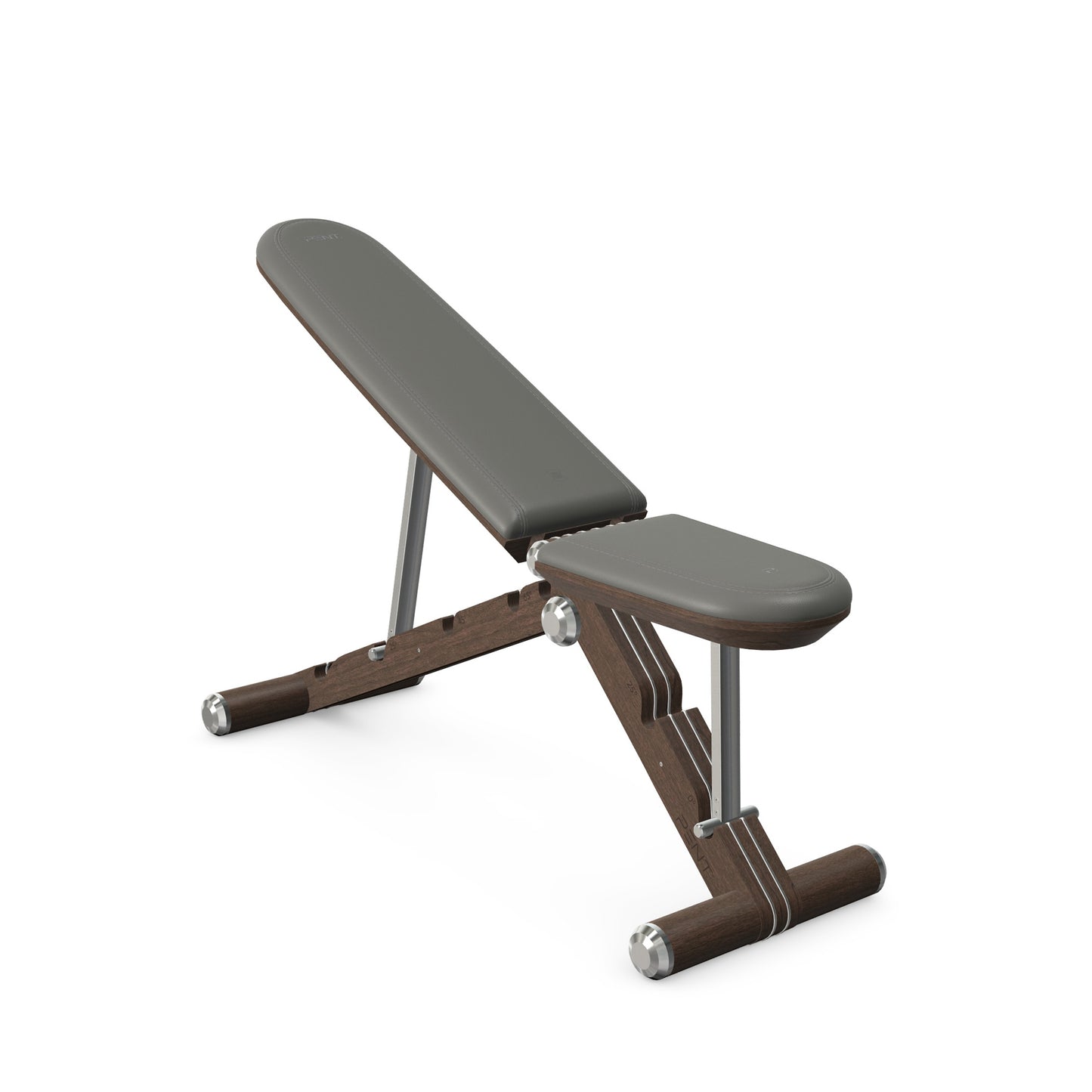 Luxury home gym equipment, adjustable exercise bench handcrafted with stainless steel, premium Italian grey leather and dark walnut wood. PENT. BANKA - Luxury Exercise Bench