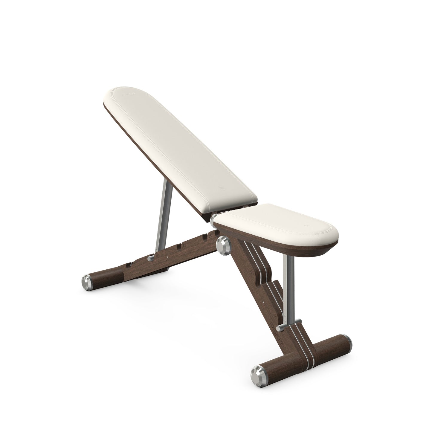 Luxury home gym equipment, adjustable exercise bench handcrafted with stainless steel, premium Italian white leather and dark walnut wood. PENT. BANKA - Luxury Exercise Bench