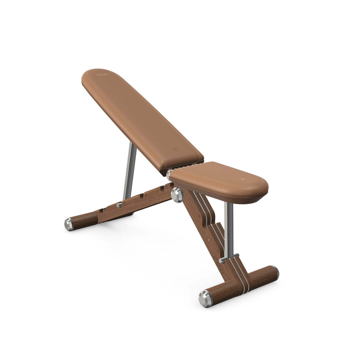 Luxury home gym equipment, adjustable exercise bench handcrafted with stainless steel, premium Italian brown leather and natural walnut wood. PENT. BANKA - Luxury Exercise Bench