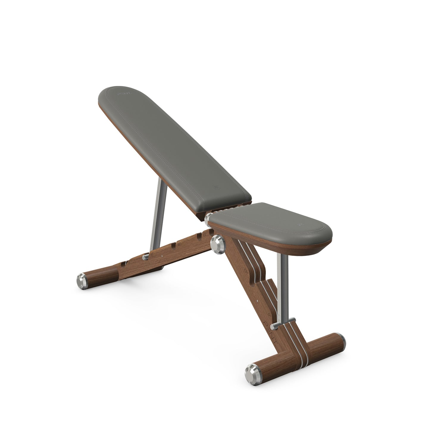 Luxury home gym equipment, adjustable exercise bench handcrafted with stainless steel, premium Italian black leather and natural walnut wood. PENT. BANKA - Luxury Exercise Bench