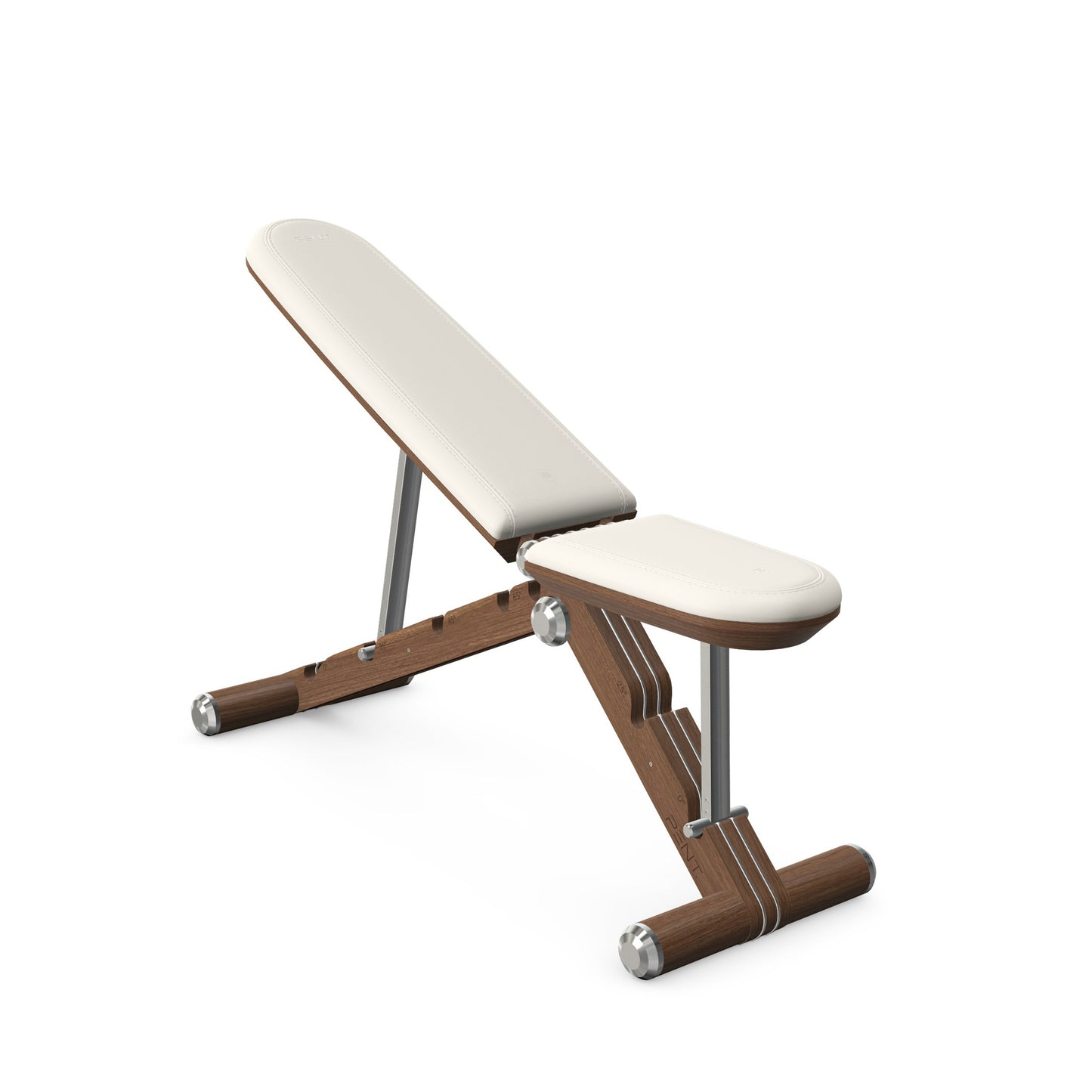 Luxury home gym equipment, adjustable exercise bench handcrafted with stainless steel, premium Italian white leather and natural walnut wood. PENT. BANKA - Luxury Exercise Bench