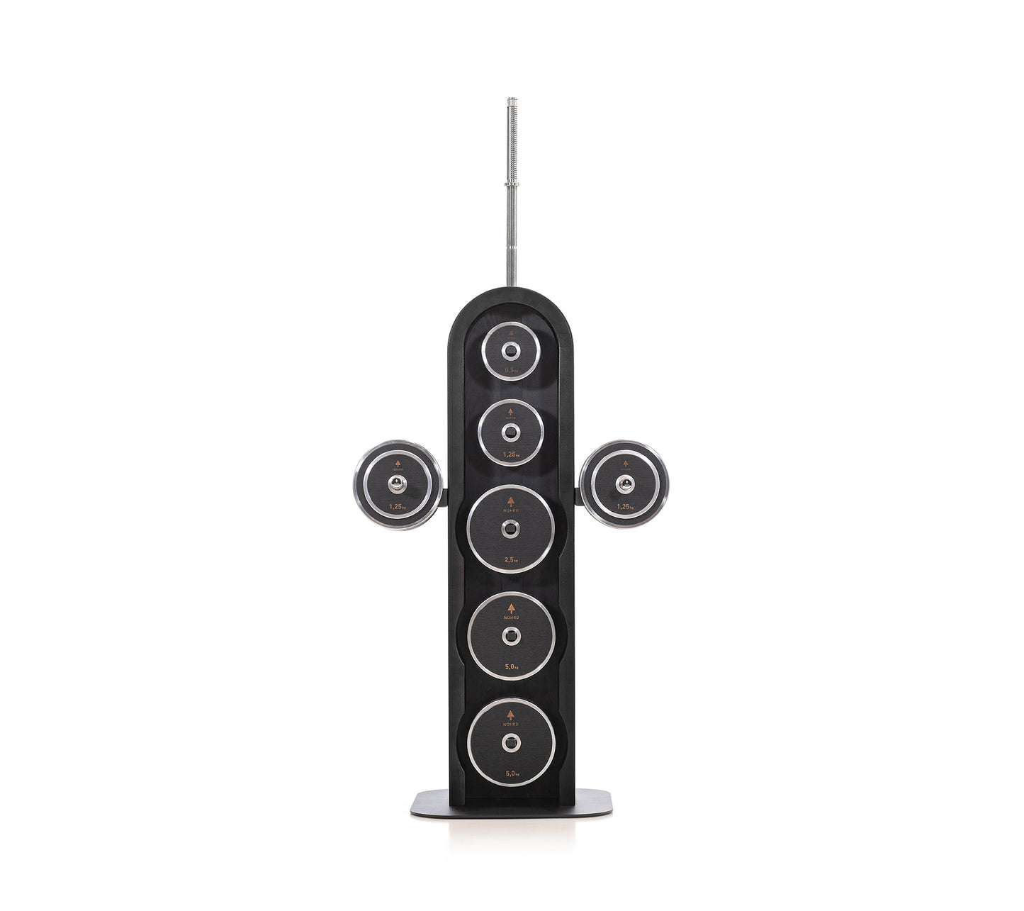 Luxury wooden & stainless steel weight plate set with barbell and dumbbell plates on a sleek vertical shadow black wooden rack. Premium gym equipment for strength training. NOHRD Weight Plates - Barbell & Dumbbells Tower