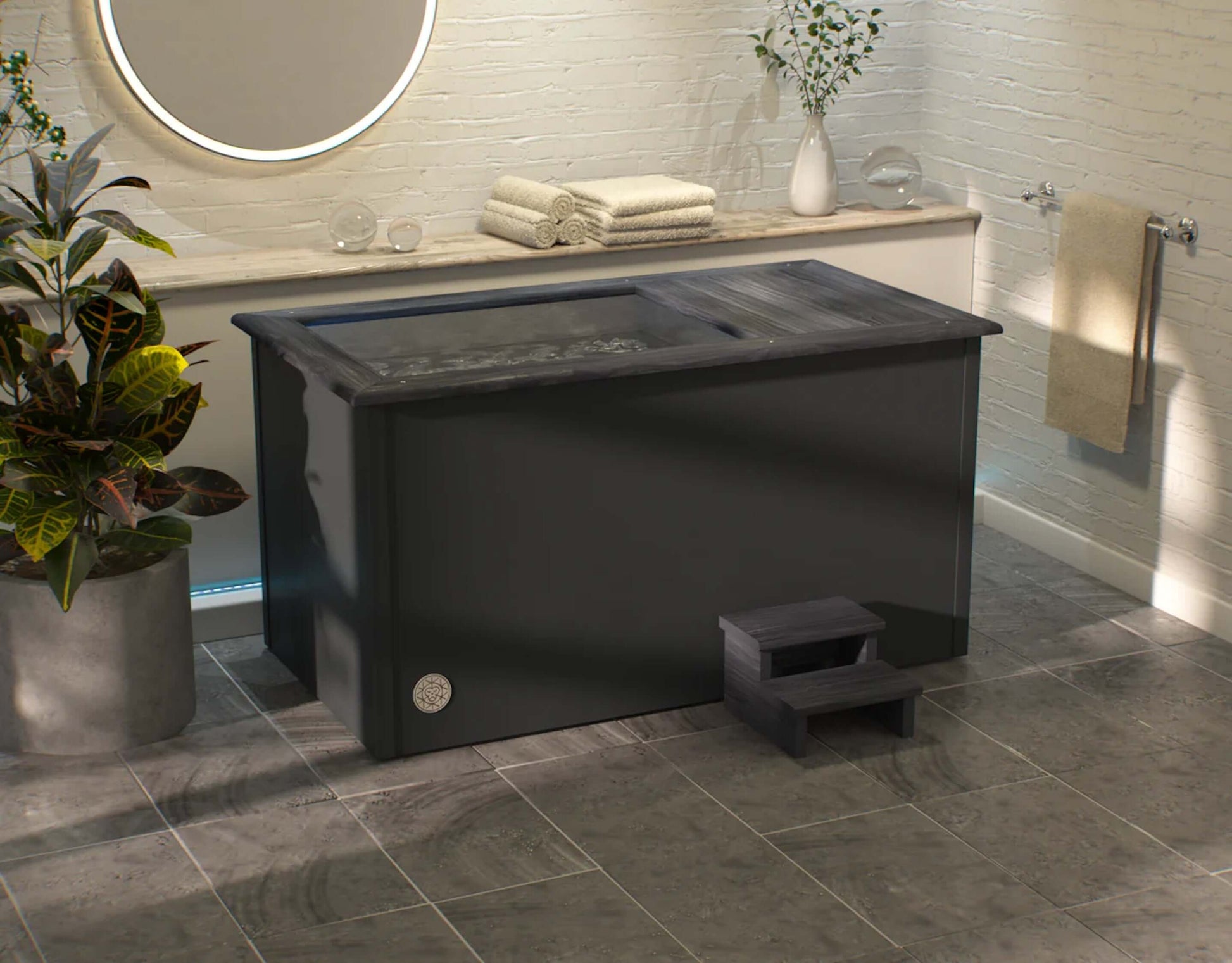 A premium cold therapy ice bath handcrafted with herringbone burnt cedar wood finish placed in a luxury fitness space. Brass Monkey - Ice Bath