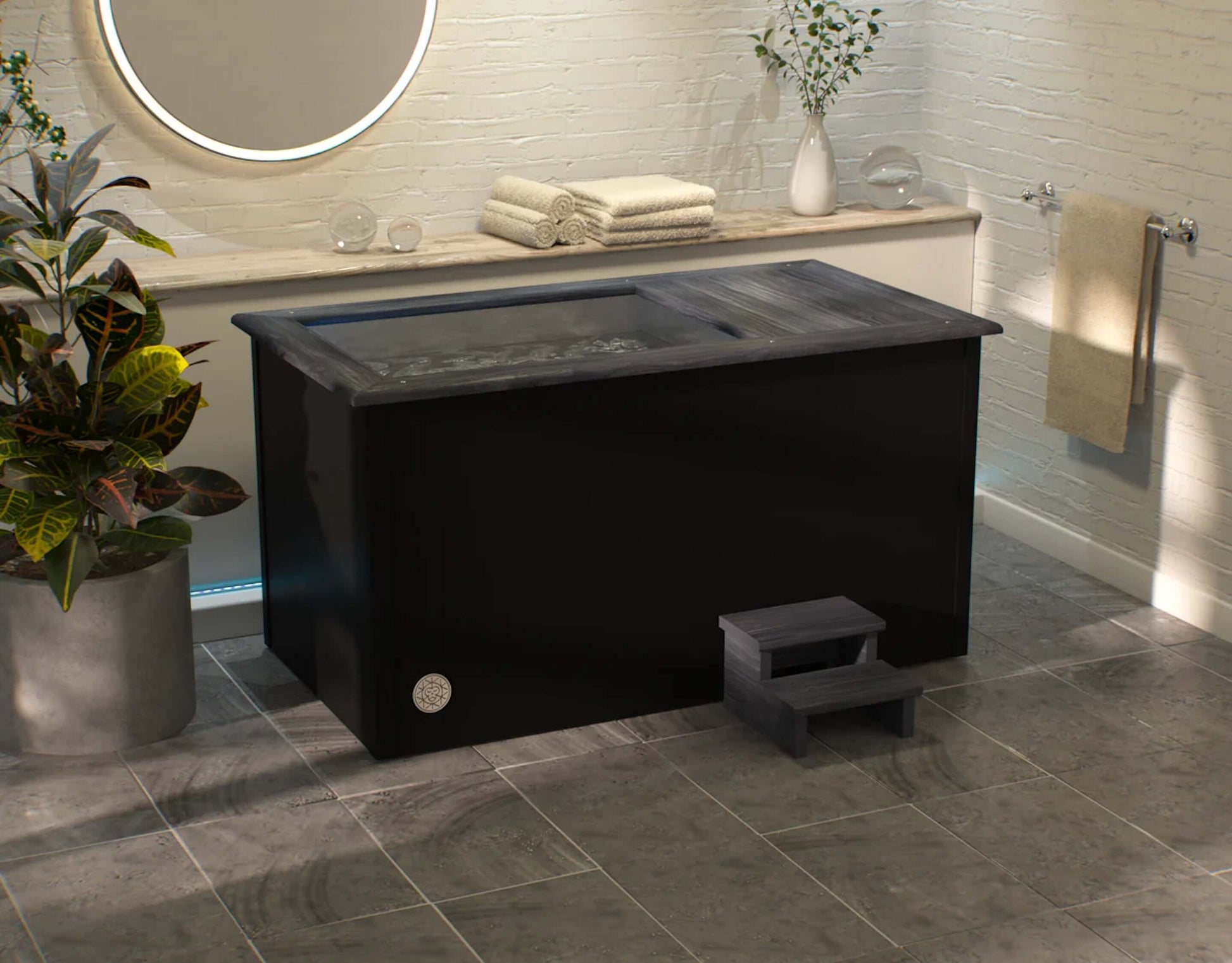 A premium cold therapy ice bath handcrafted with burnt cedar wood finish in ultra black. Brass Monkey - Ice Bath