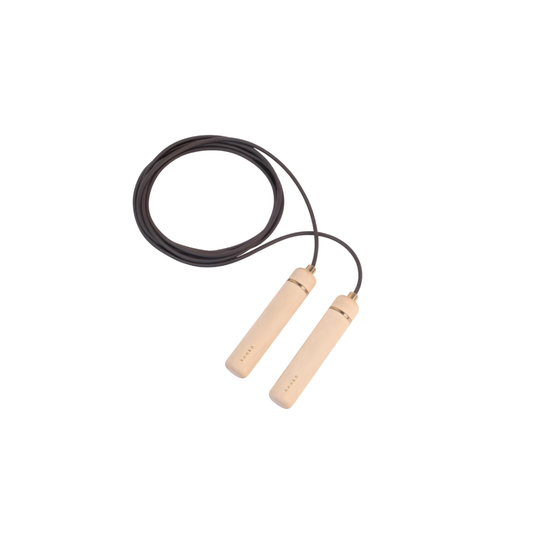Kenko Skipping Rope with solid wood handles and natural rubber rope, neutral background.