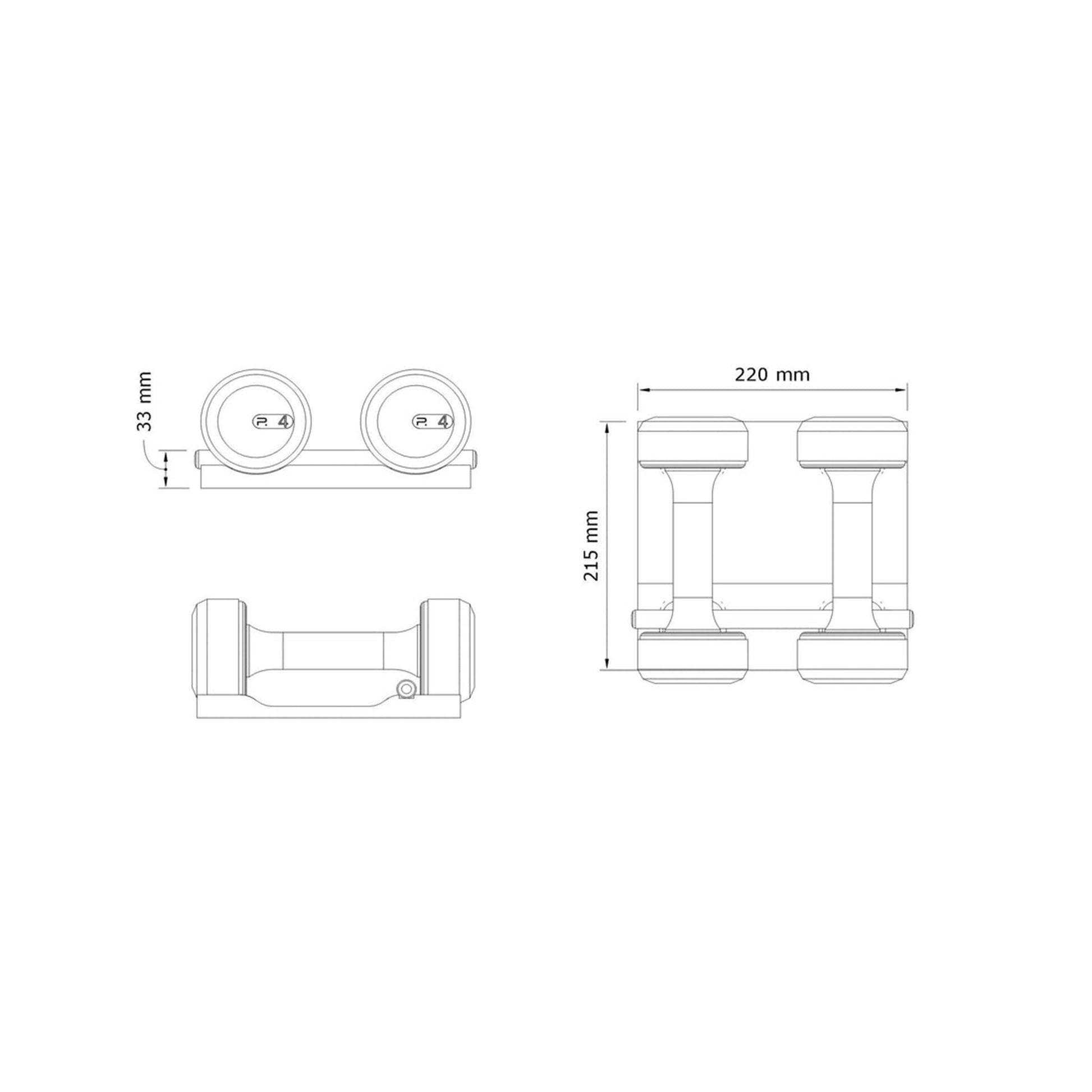 PENT. COLMIA Dimension images for dumbbell and wooden stand.