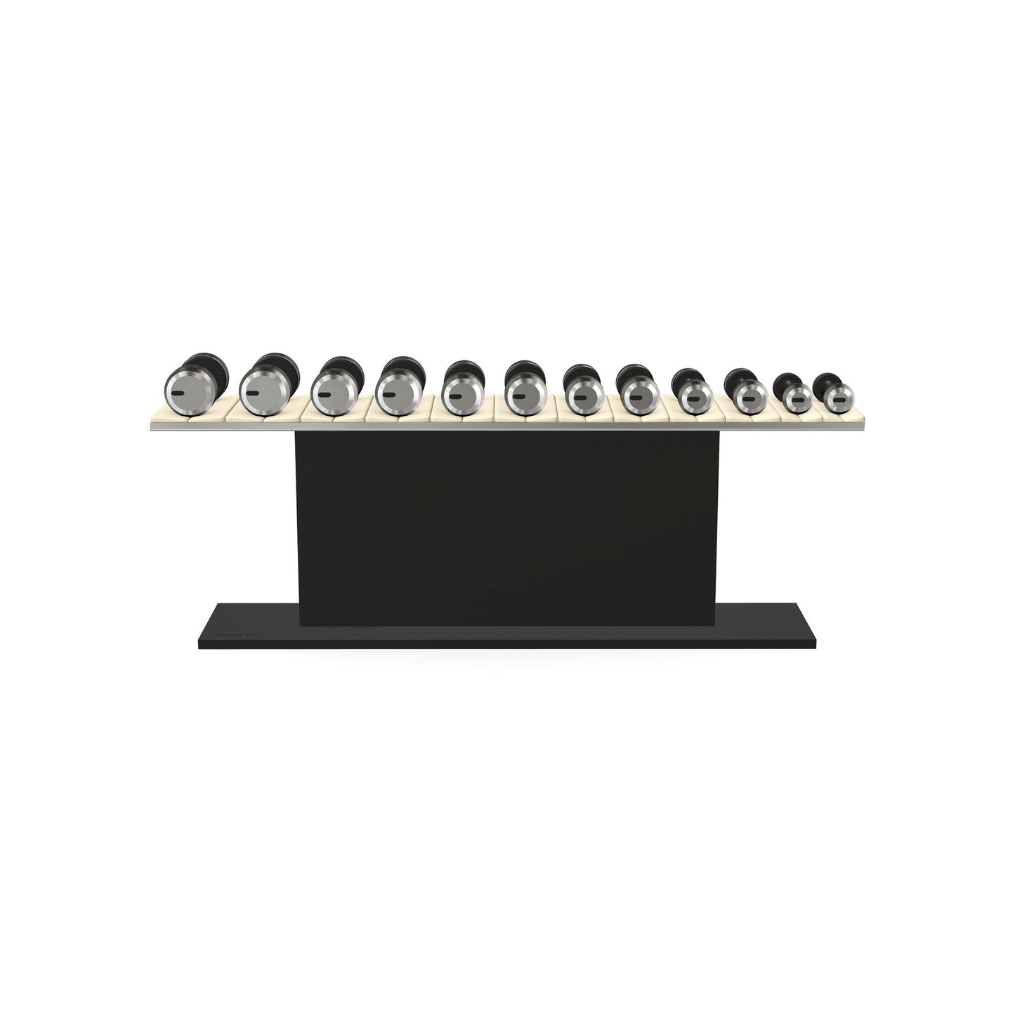 Luxury gym equipment, 6 pair of dumbbells on horizontal wooden stand, made with stainless steel, Italian beige leather and black ash wood.