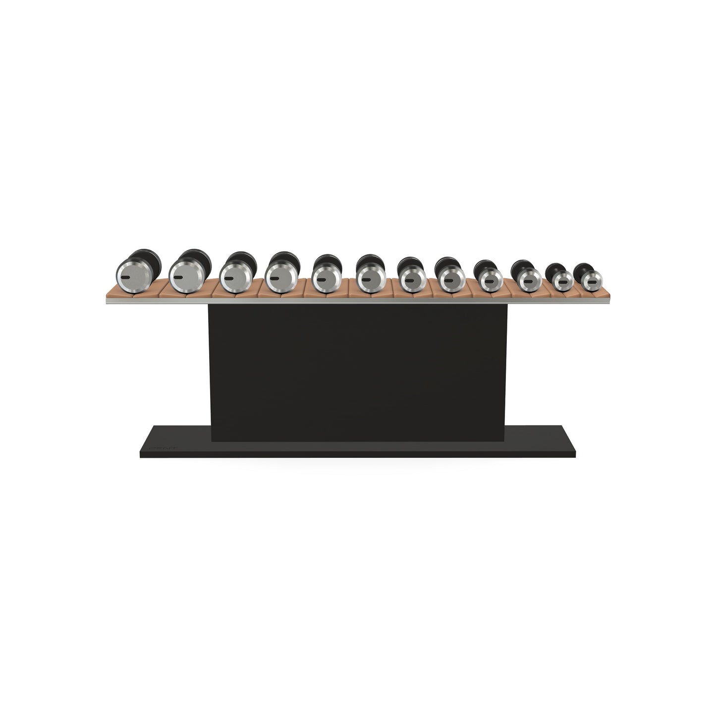 Luxury gym equipment, 6 pair of dumbbells on horizontal wooden stand, made with stainless steel, Italian brown leather and black ash wood.