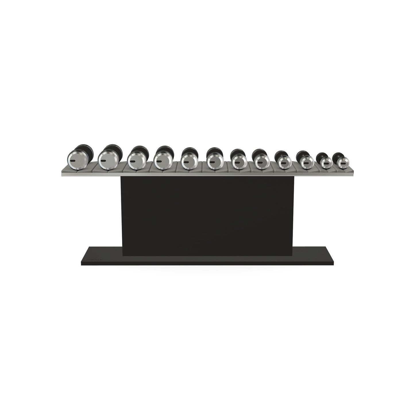 Luxury gym equipment, 6 pair of dumbbells on horizontal wooden stand, made with stainless steel, Italian grey leather and black ash wood.