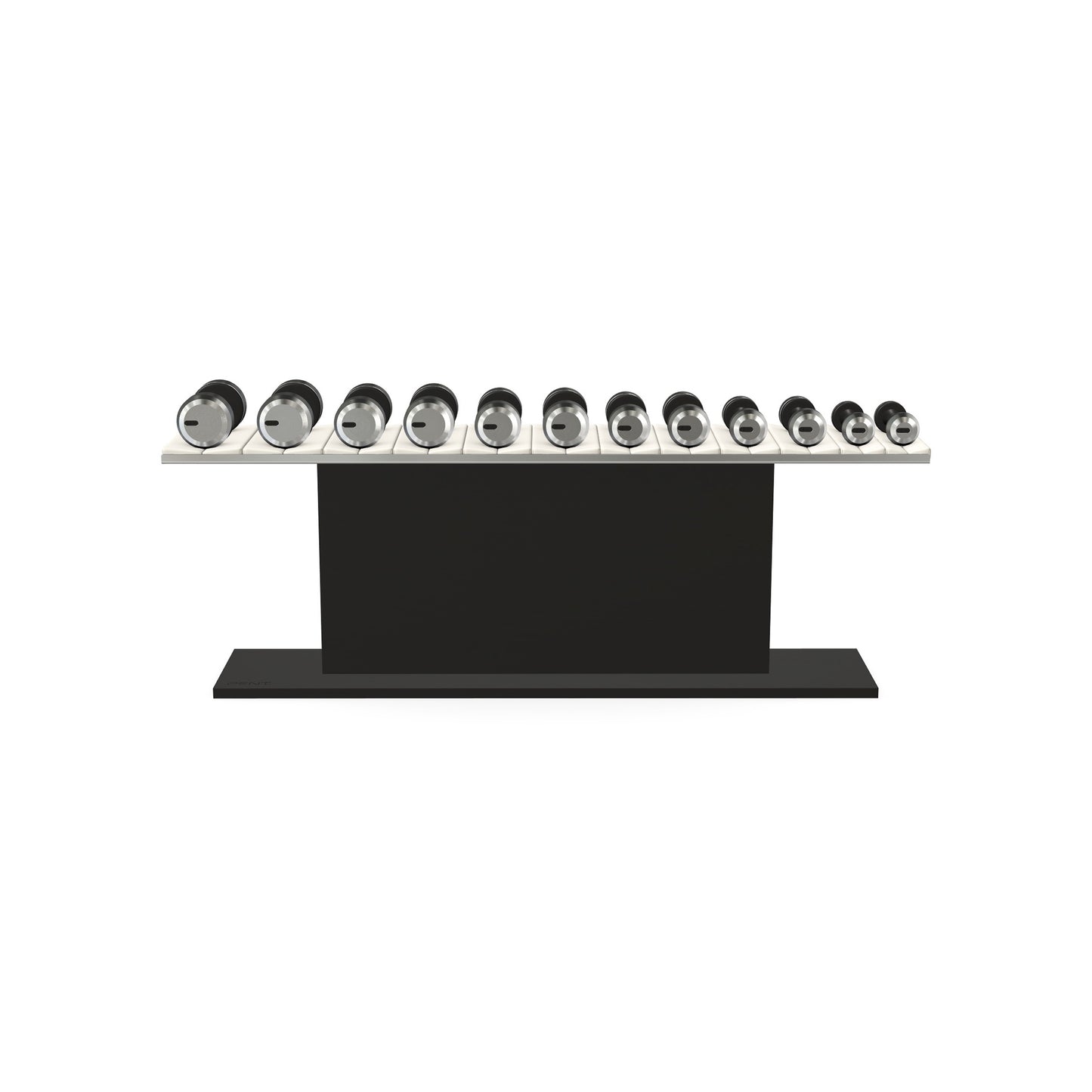 Luxury gym equipment, 6 pair of dumbbells on horizontal wooden stand, made with stainless steel, Italian white leather and black ash wood.