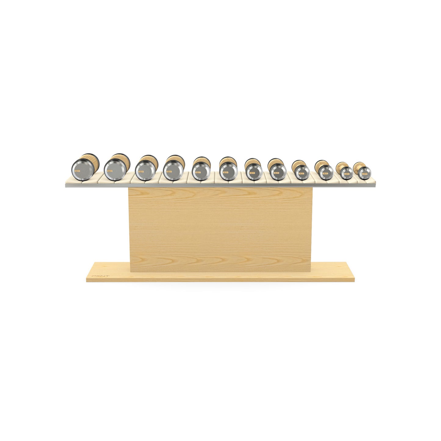 Luxury gym equipment, 6 pair of dumbbells on horizontal wooden stand, made with stainless steel, Italian beige leather and natural ash wood.